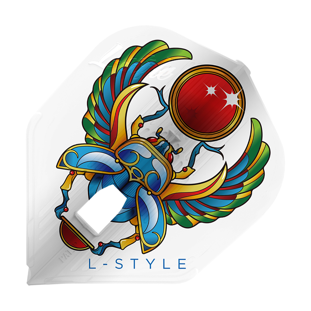 Plumas L-Style Anastasia Dobromyslova V3 Blancas L3KAMI Das Bild zeigt ein Dart-Flight mit einem bunten Skarabäus-Design, der eine rote Kugel hält. Unten steht der Text "L-STYLE" auf weißem Hintergrund.