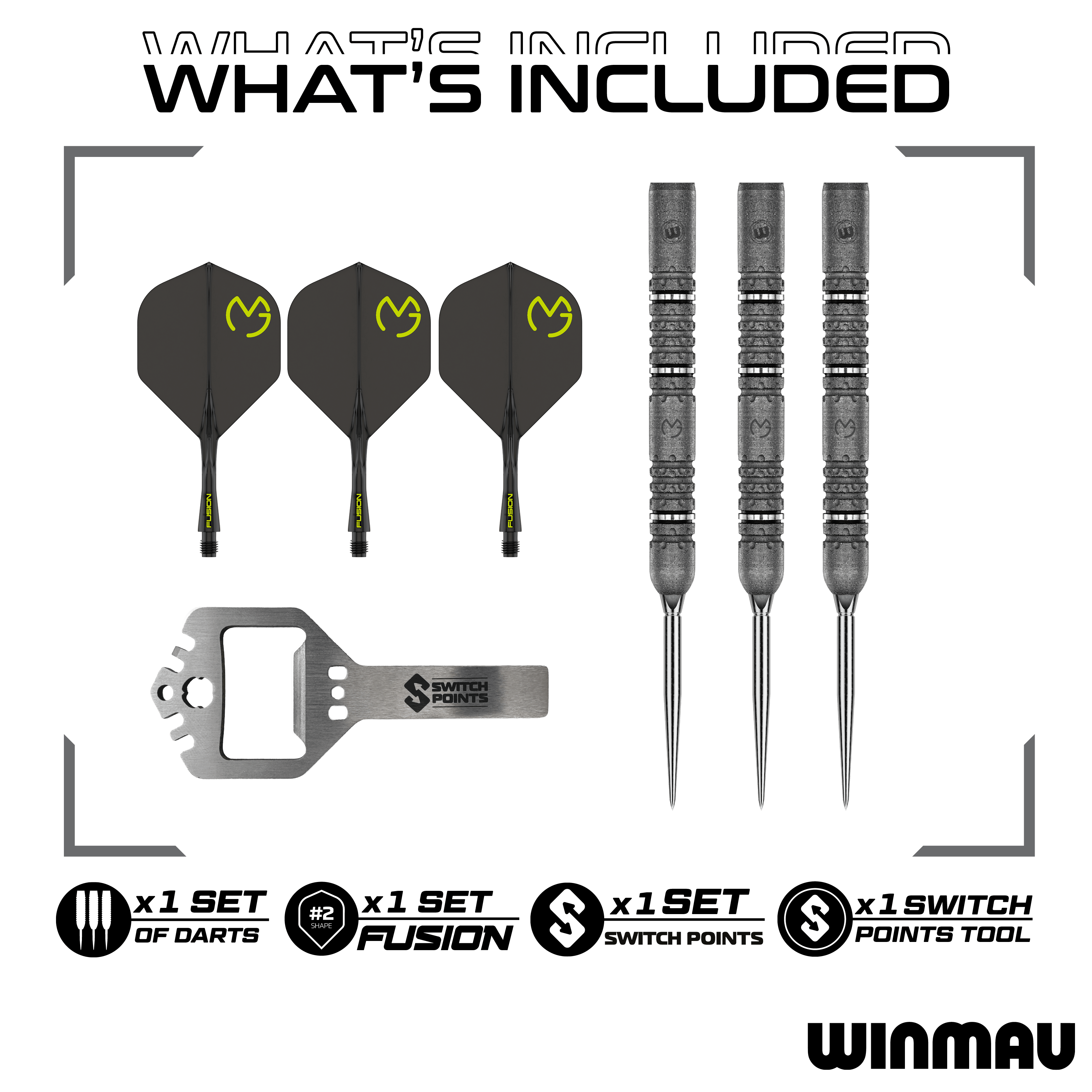 Das Produkt ist die Winmau MvG Signature Edition Switch Points Steeldarts. Diese Steeldarts sind für Präzision und Qualität bekannt.