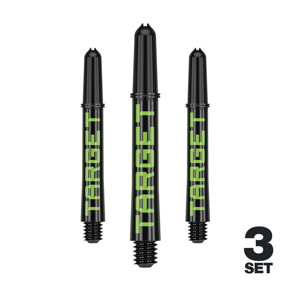 Varillas Target Pro Grip TAG - 3 juegos - Negro Verde Das Bild zeigt drei schwarze Dart-Schäfte mit grünem Schriftzug "TARGET". Unten rechts steht "3 SET", was auf ein Set von drei Stück hinweist.