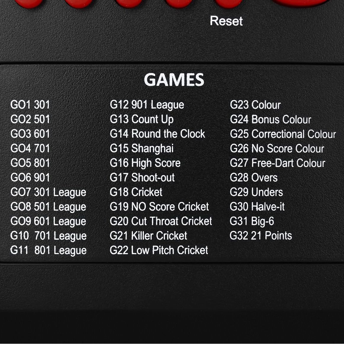Contador de dardos XQMax Dublin Das Bild zeigt eine Spieleliste auf dem XQMax Dublin Dart Counter. Es sind verschiedene Dartspiele mit ihren jeweiligen Spielnummern zu sehen.