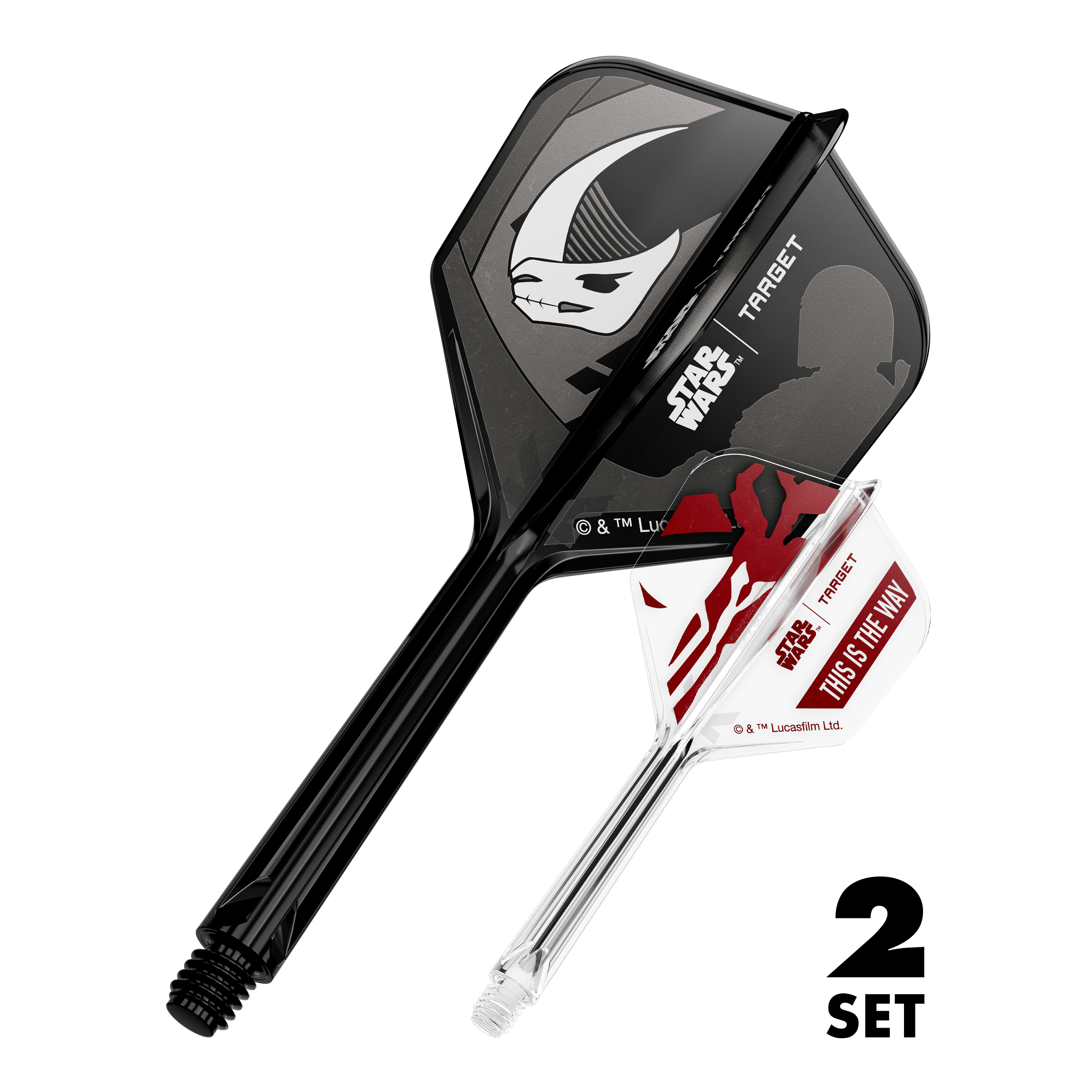Set Target Star Wars K-Flex Mandalorian No6 Vuelos Das Bild zeigt den Artikel '410625_Target_StarWars_K-Flex_Mandalorian_2PackSet_No6_Flights_33mm_1'. Es handelt sich wahrscheinlich um Dart-Flights mit Star Wars Mandalorian Motiv.