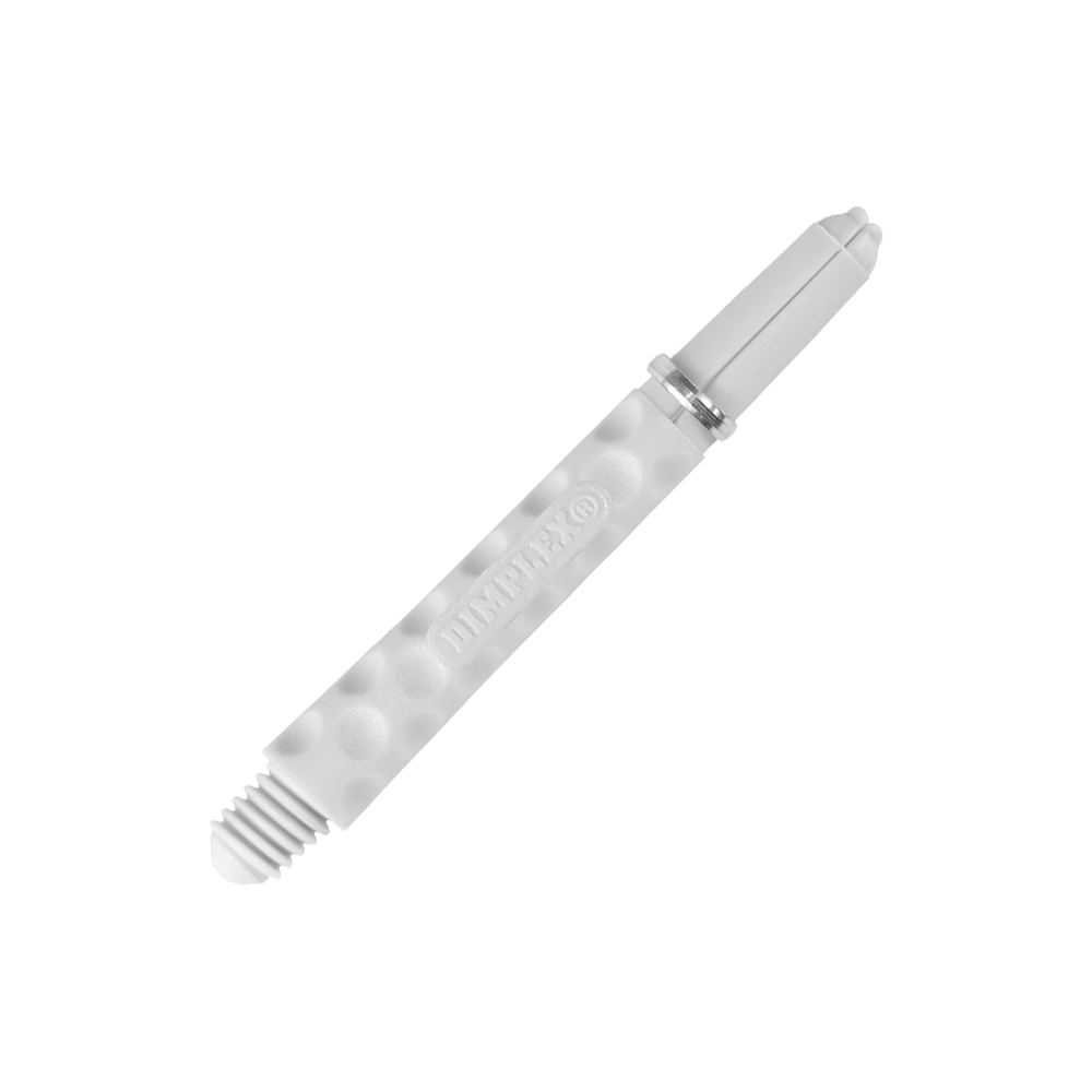 Harrows Dimplex Shafts - Weiß Das Bild zeigt einen weißen Dart-Schaft mit einer genoppten Oberfläche. Auf dem Schaft steht das Wort "DIMPLEX®".