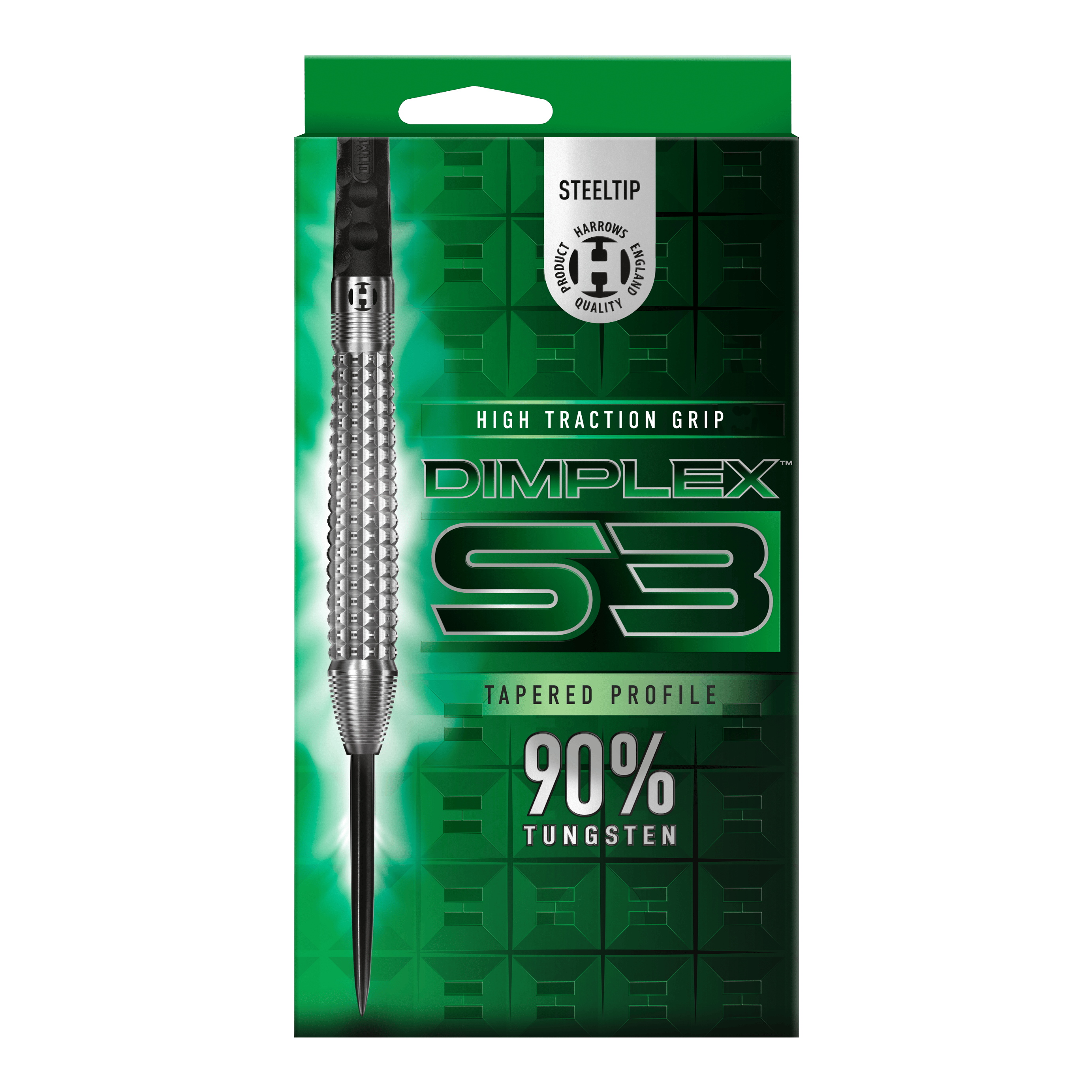 Dardos de acero cónicos Harrows Dimplex S3 Das Bild zeigt die Verpackung der "Harrows Dimplex S3 Tapered Steeldarts". Die Verpackung ist grün und hebt den hohen Wolframanteil von 90% sowie den hohen Grip hervor.