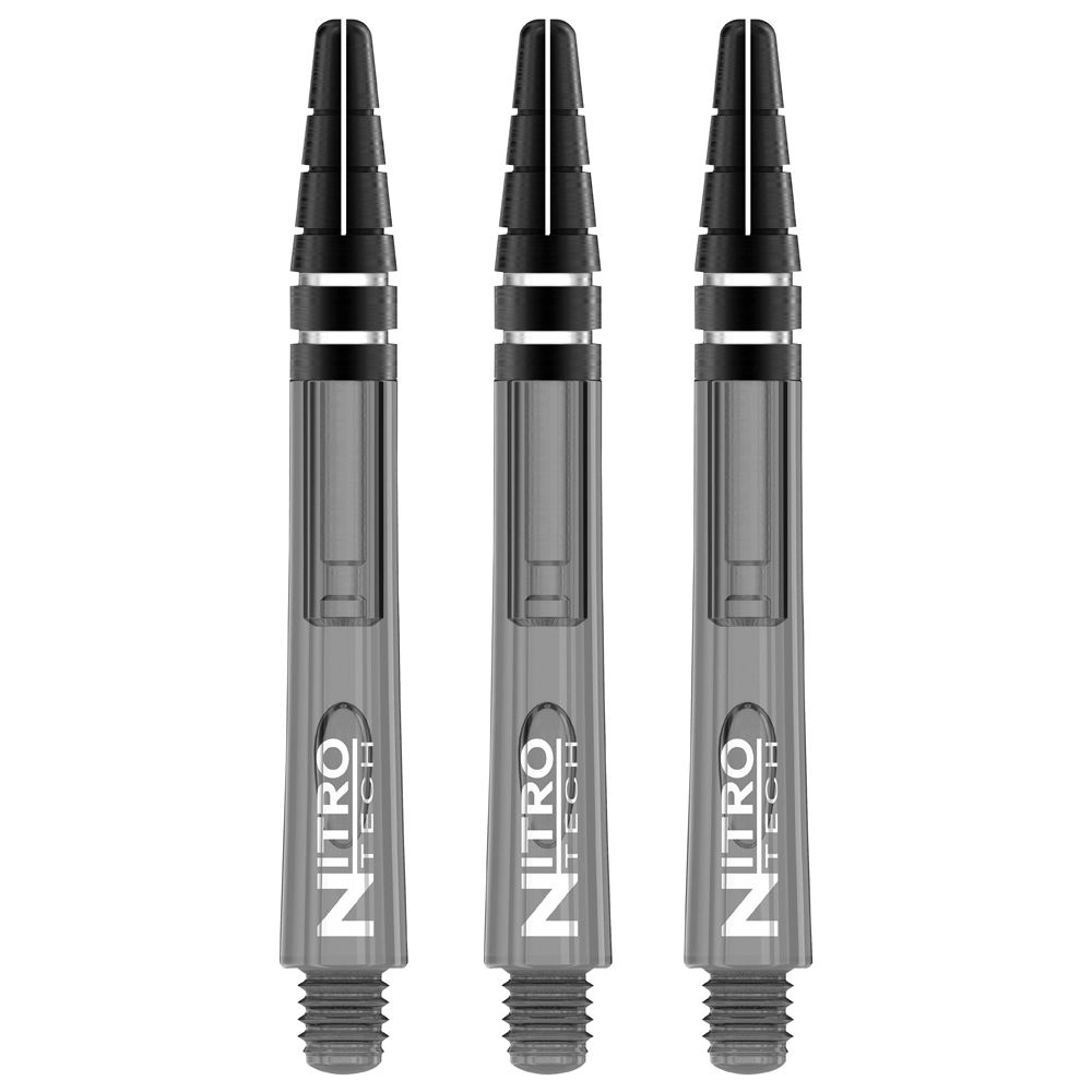 C448_Nitrotech_Medium_Black_Tint_V Das Bild zeigt drei RedDragon Nitrotech Shafts in schwarzer Tönung. Sie stehen nebeneinander und sind für Dartpfeile gedacht.
