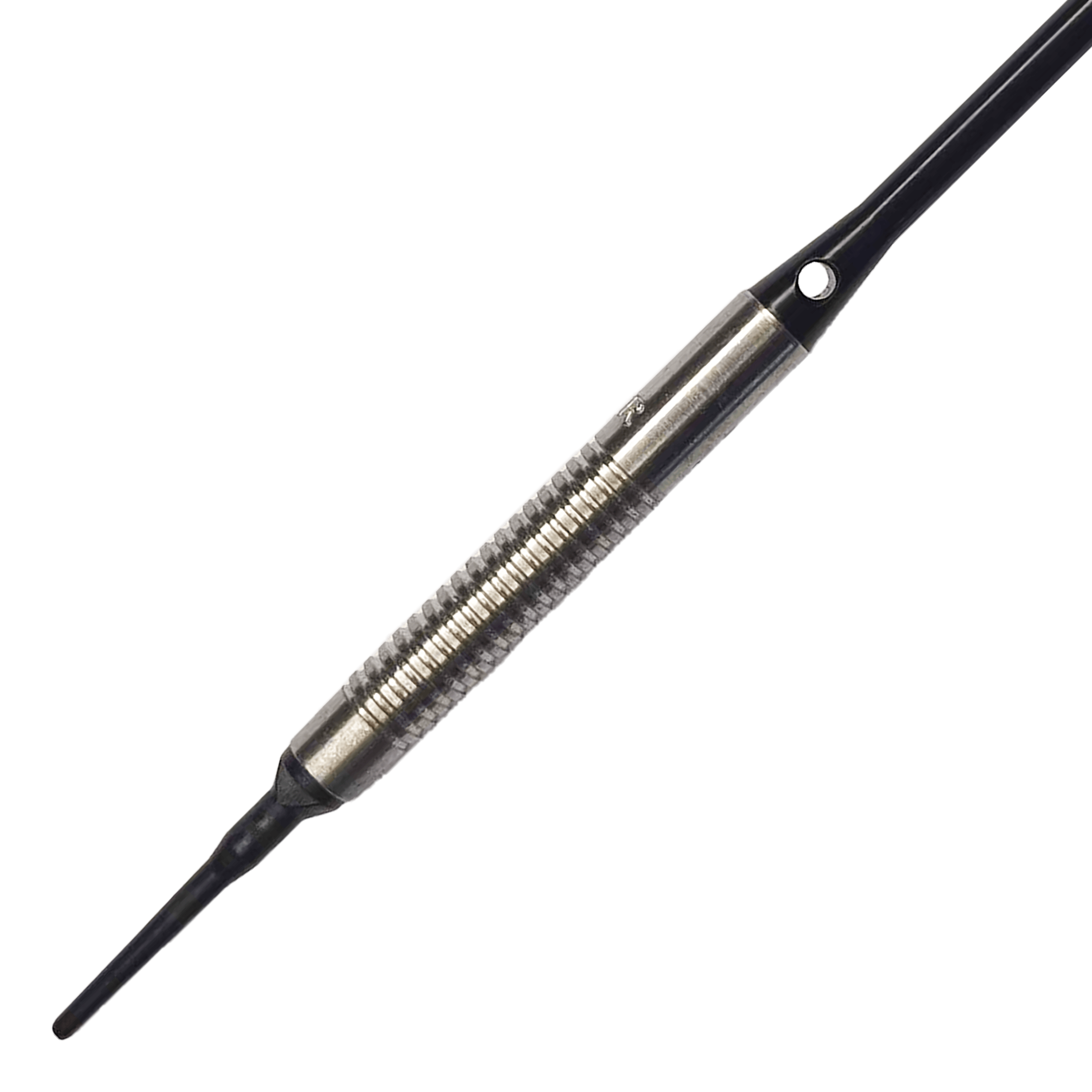 Dardos blandos McDart 85 Tungsten V8 - 18,5 g Das Bild zeigt einen McDart 85er Tungsten V8 Softdart mit einem Gewicht von 18,5 Gramm. Der Dart besteht aus silberfarbenem Metall mit einer geriffelten Griffzone und einer schwarzen Spitze.