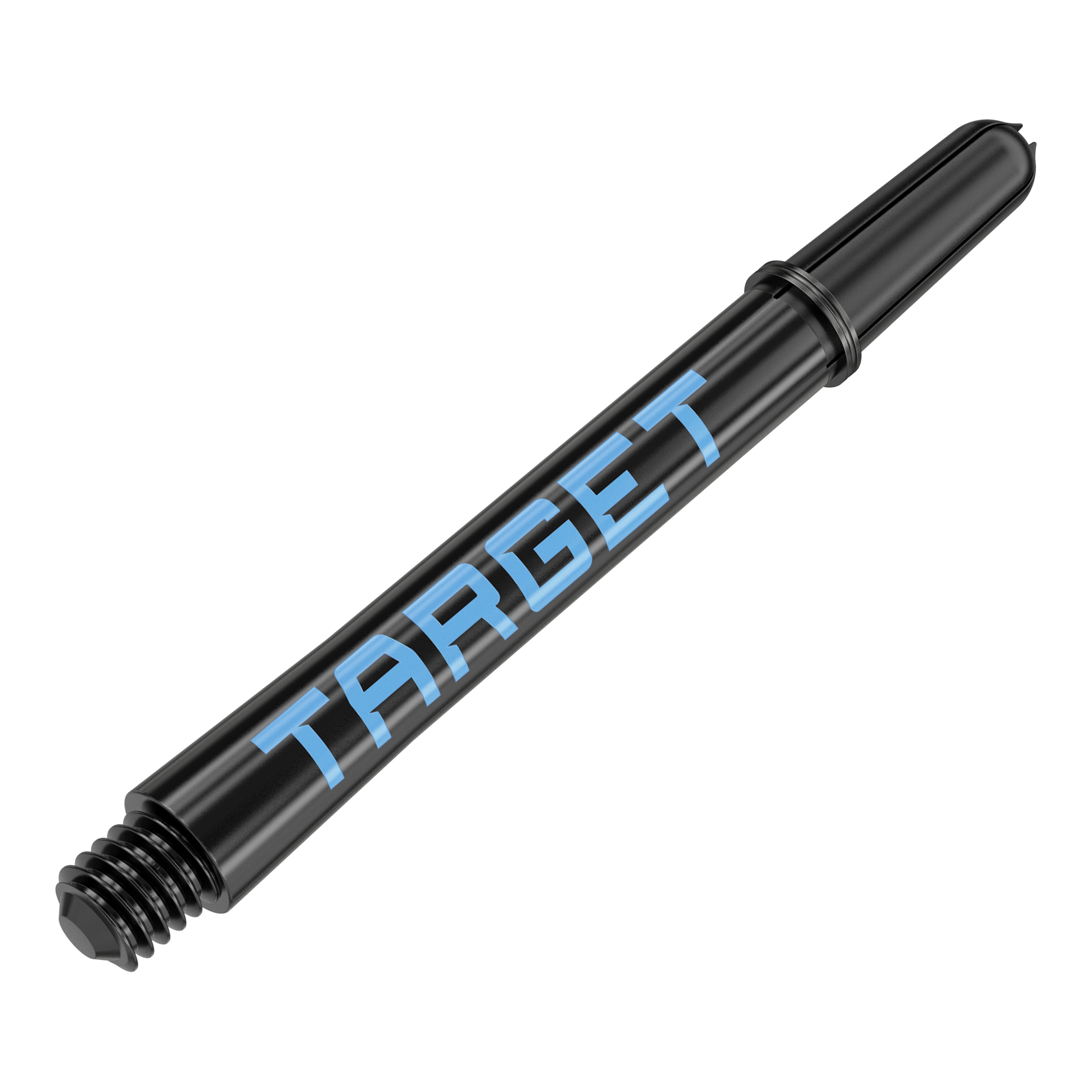 Varillas Target Pro Grip TAG - 3 juegos - Negro y azul Das Bild zeigt einen schwarzen Dart-Schaft mit blauer Schrift, auf dem "TARGET" steht. Der Schaft hat ein Gewinde am Ende zur Befestigung am Dartpfeil.