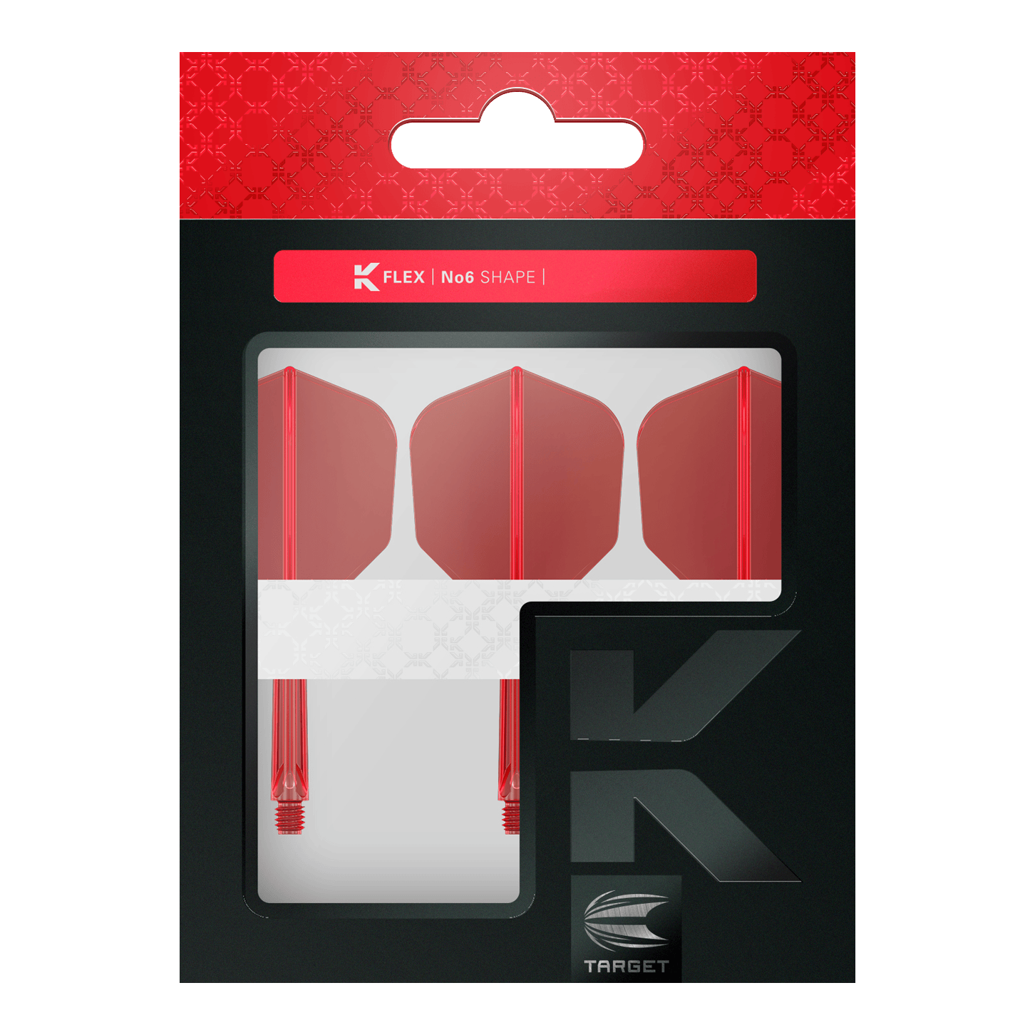 Sistema de vuelo Target K-Flex No6 - Rojo Das Bild zeigt eine Verpackung mit drei roten Dartflights und Schäften. Die Marke "Target" und die Produktbezeichnung "K-Flex No6 Shape" sind auf der Verpackung sichtbar.
