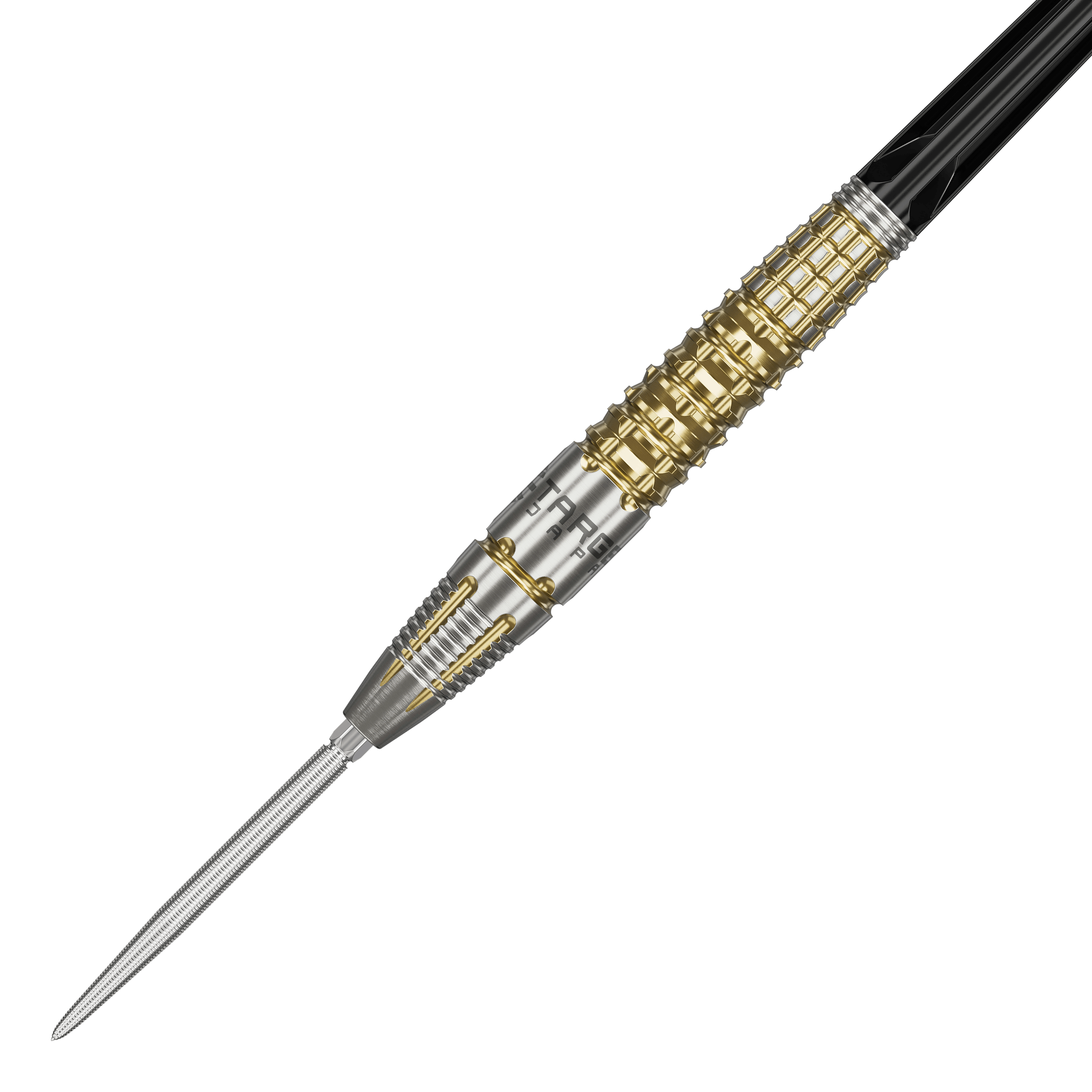 Dardos de acero Target Black Marque Warrior Swiss Point Das Bild zeigt einen Target Black Marque Warrior Swiss Point Steeldart. Der Dart ist silber und goldfarben mit auffälligen Rillen und einem spitzen Metallende.