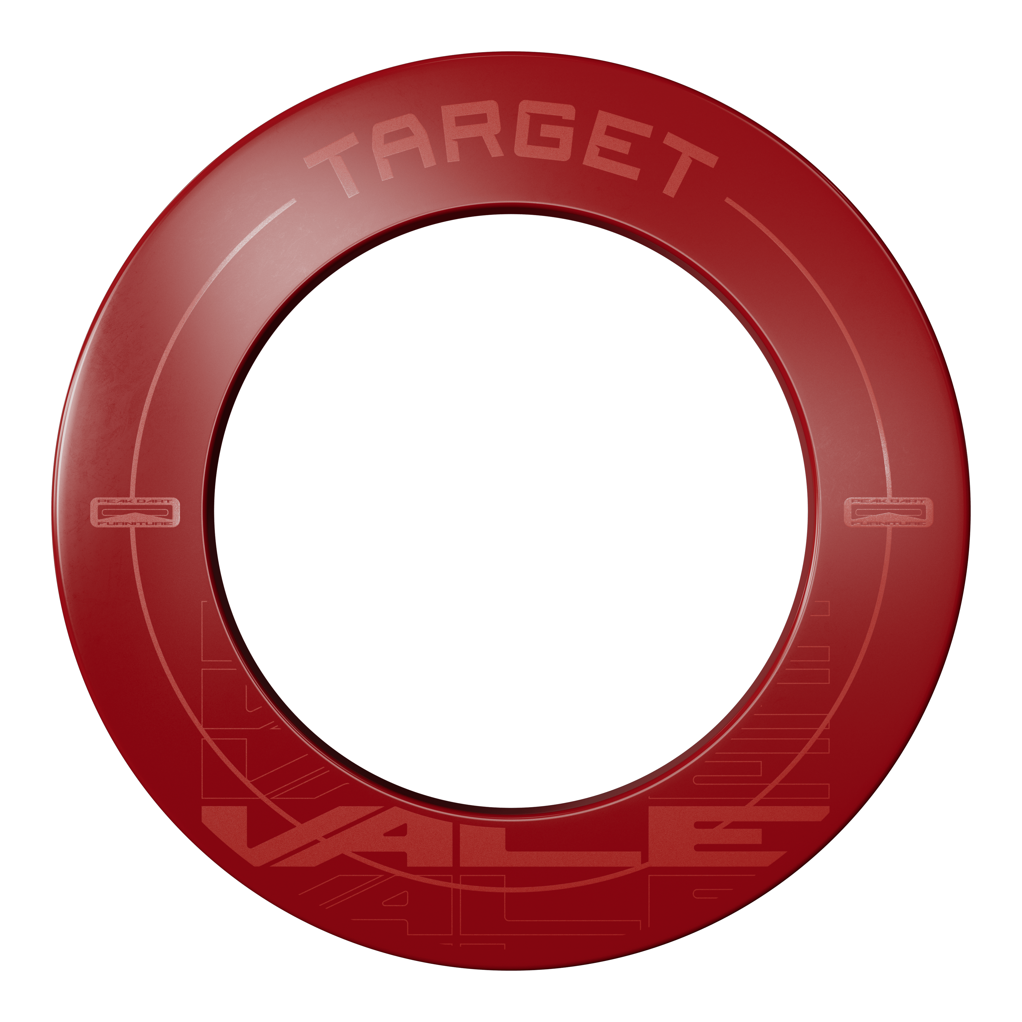 Marco para tablero de dardos Target VALE Das Bild zeigt einen roten Dartboard-Surround mit der Aufschrift "TARGET VALE". Der Surround ist rund und schützt die Wand rund um die Dartscheibe.
