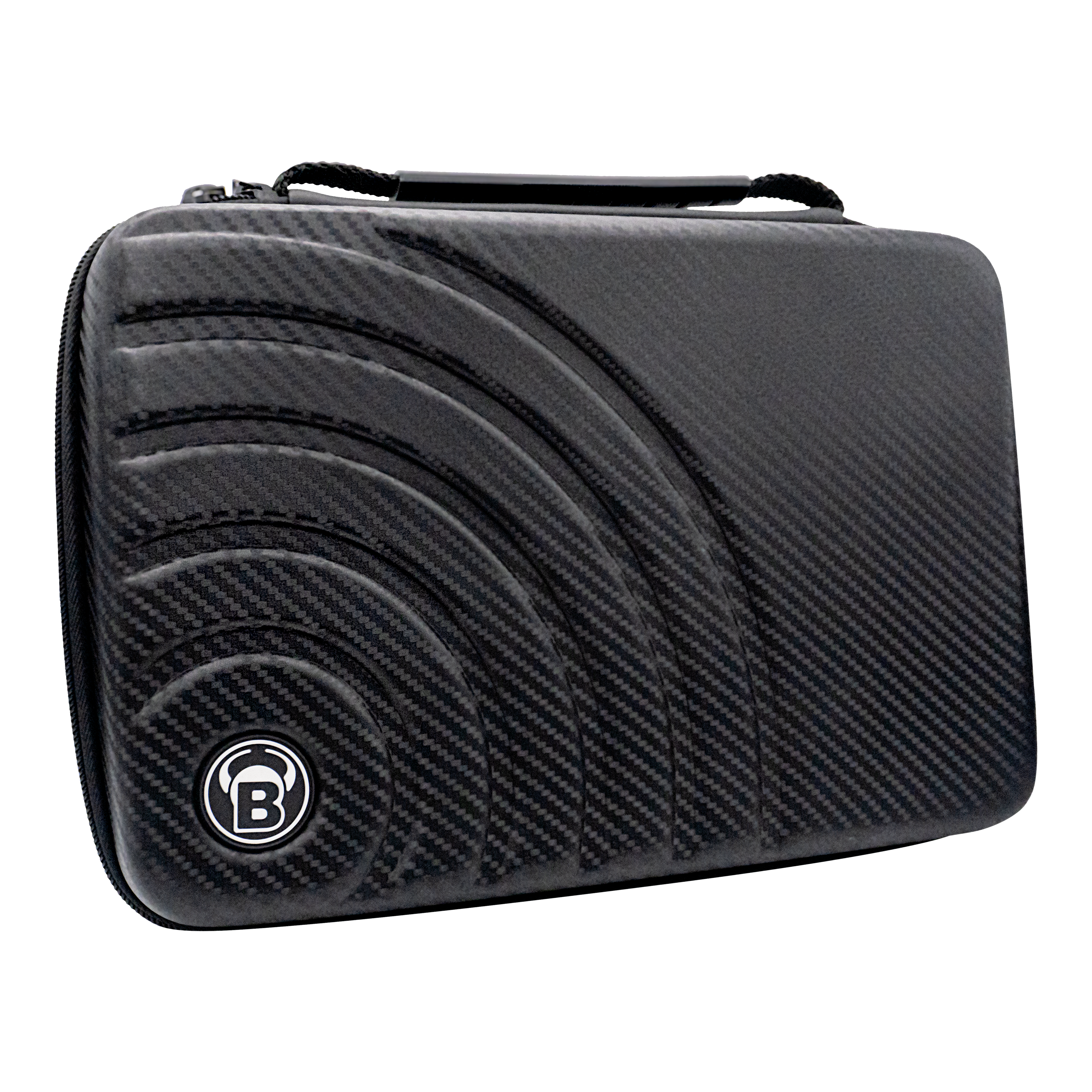 Estuche para dardos Bulls Orbis XXL - gris carbón Das Bild zeigt das "Bulls Orbis XXL Dartcase" in Carbongrau. Das Etui hat ein modernes, karbonähnliches Design mit einem eingelassenen Muster und dem Bulls-Logo.