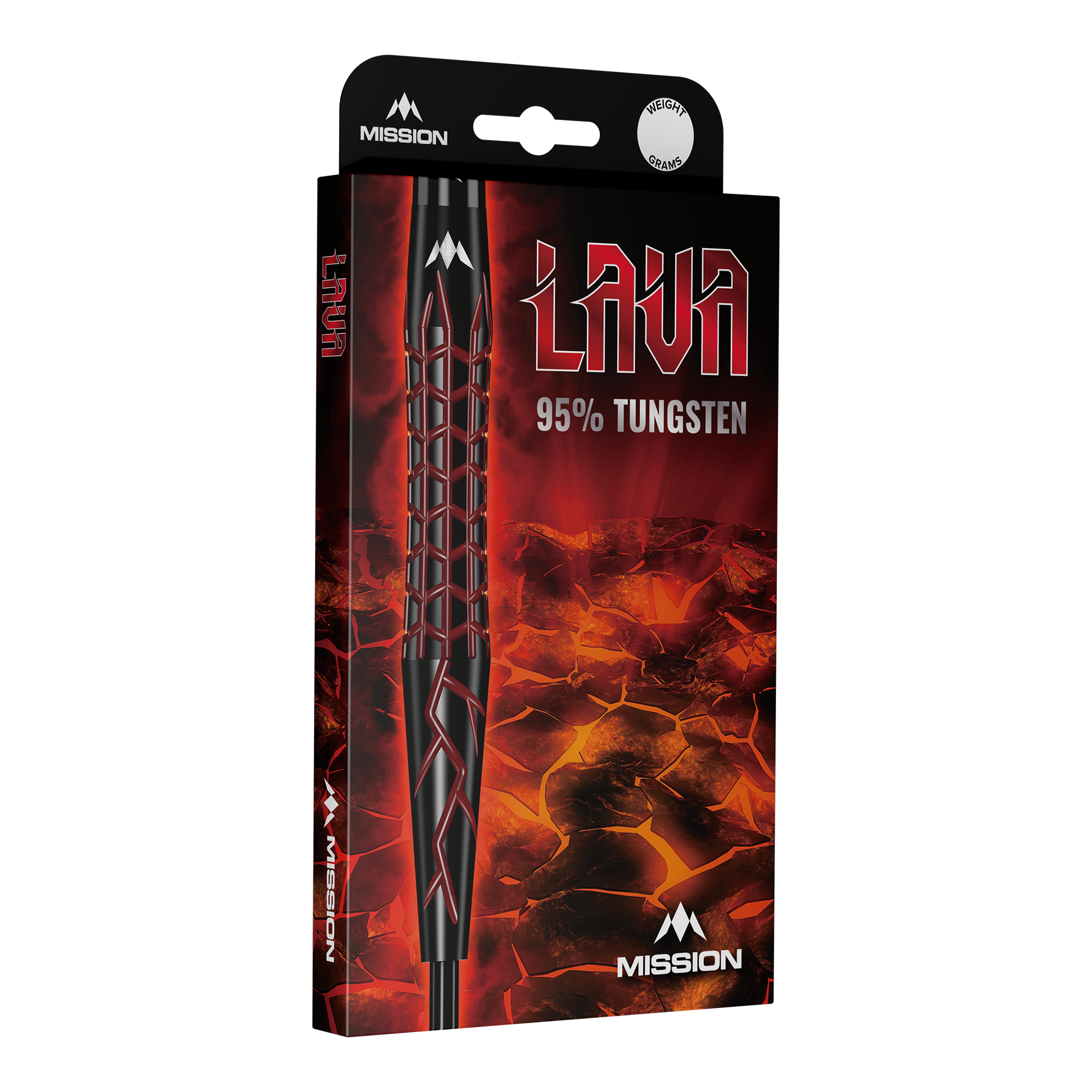 Misión Lava Steeldarts Die Abbildung zeigt die Verpackung der Mission Lava Steeldarts. Auf der Schachtel steht "Lava 95% Tungsten" vor einem feurigen Lava-Hintergrund.