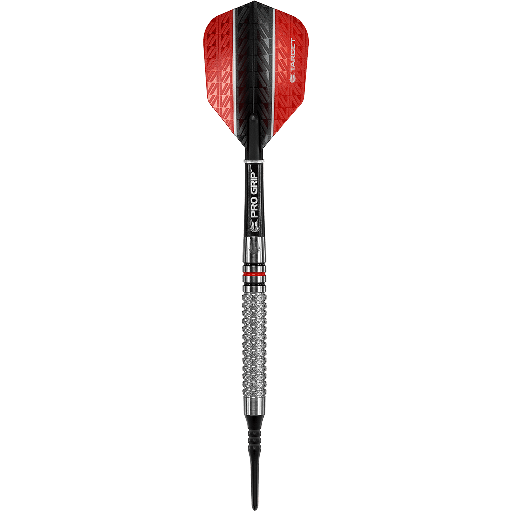 Dardos blandos Target Vapor8 05 - 18 g Das Bild zeigt einen Target Vapor8 05 Softdart mit einem Gewicht von 18 Gramm. Der Dart hat eine rote und schwarze Flight, einen silbernen Barrel mit Griffstruktur und einen schwarzen Schaft.