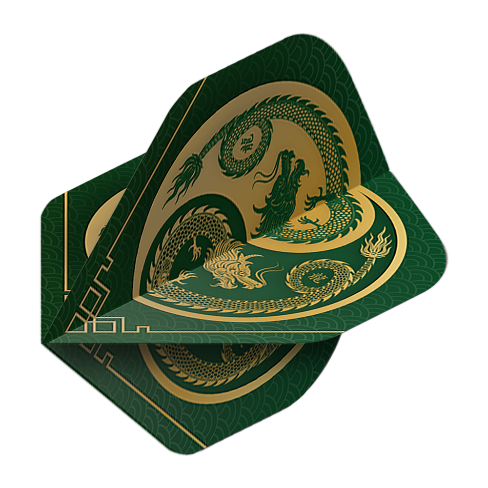 Vuelos de pentatlón Dragón verde Das Bild zeigt die Pentathlon Dragon 3 Standard Flights. Sie sind grün mit einem goldenen Drachenmotiv verziert.