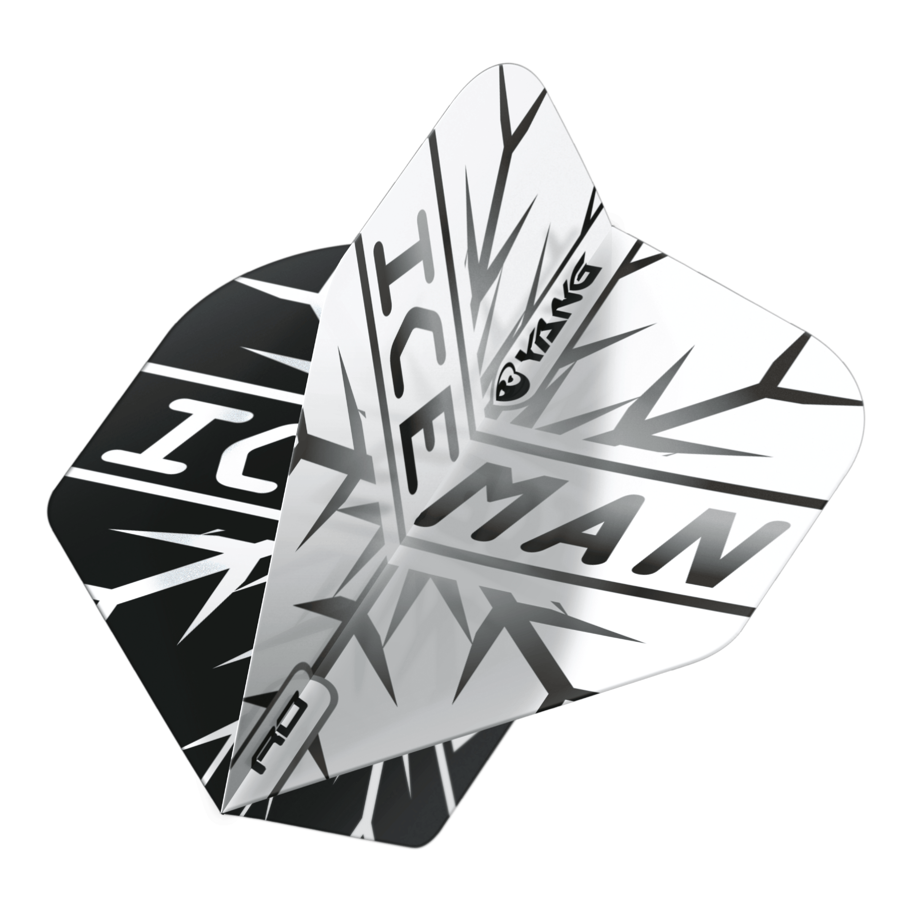 Vuelos estándar Red Dragon Gerwyn Price Iceman Black White Yin Yang Das Bild zeigt zwei Dartflights in Schwarz und Weiß mit dem Schriftzug "ICEMAN" und einem auffälligen Eismuster. Auf den Flights ist zudem das Wort "Yin Yang" zu sehen.