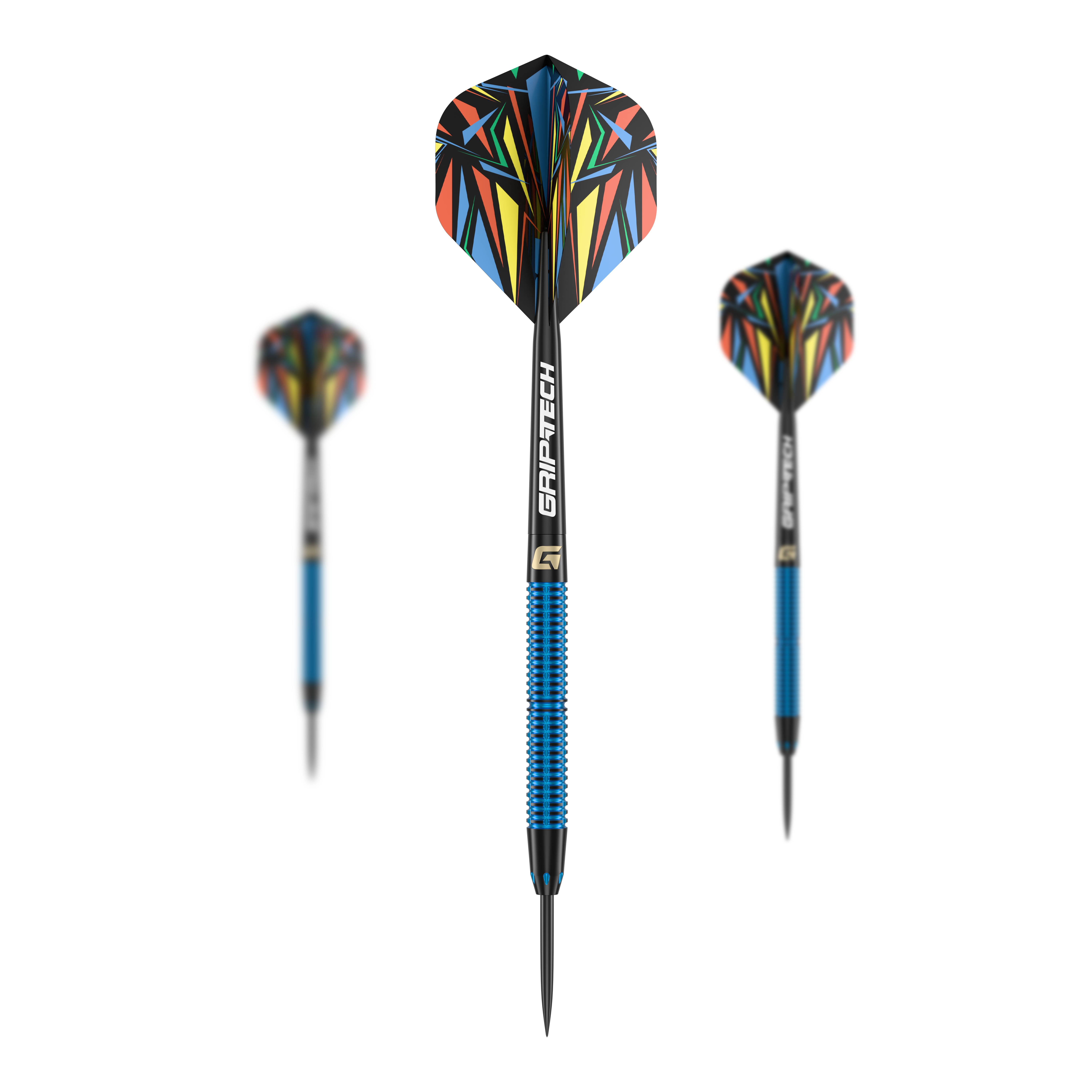 Dardos GOAT Athlete de latón azul - 12 g Das Bild zeigt drei Steeldarts des Produkts "GOAT Athlete Blue Brass Steeldarts - 12g". Die Darts haben blaue Griffe und bunte Flights mit einem auffälligen Muster.