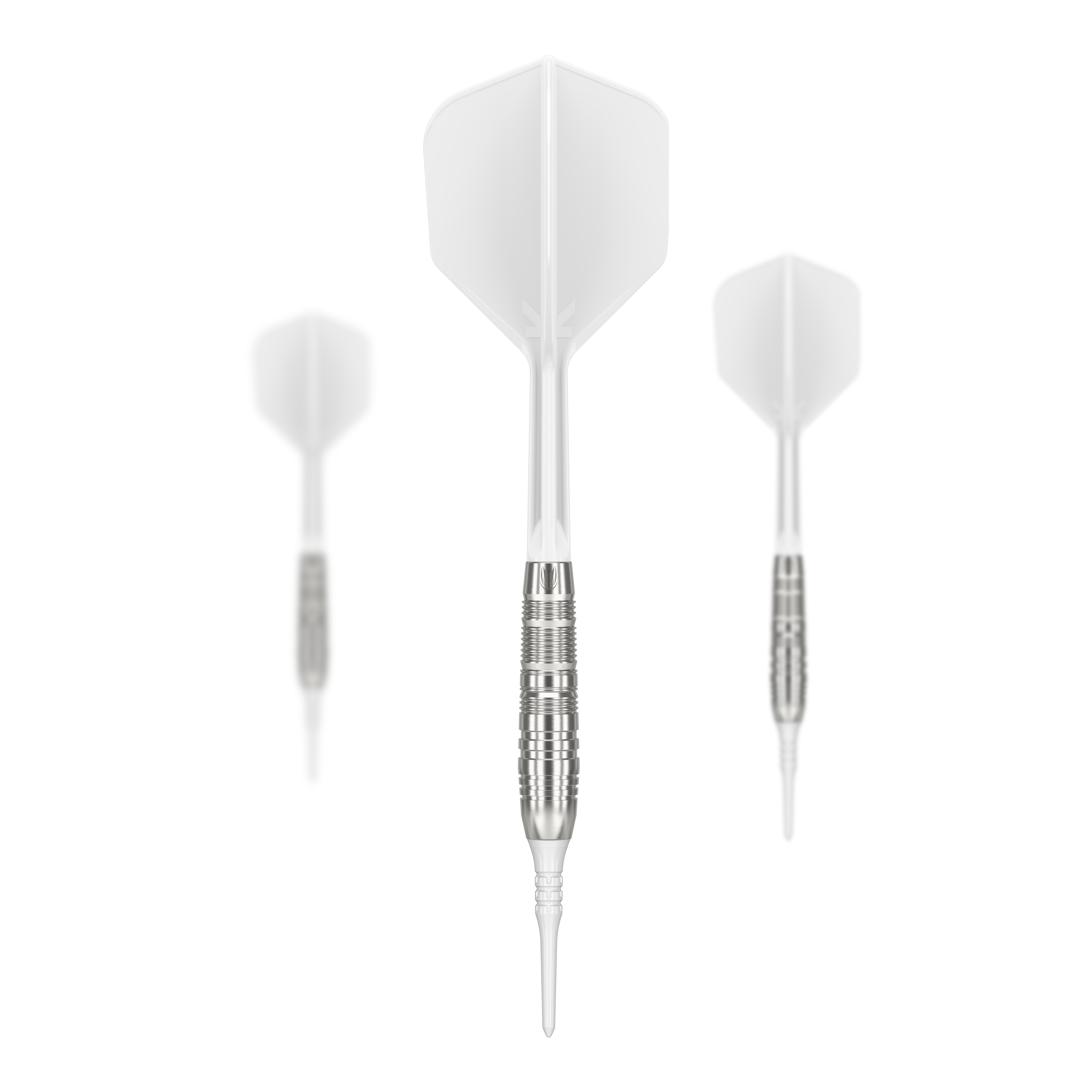 Dardos blandos Target Japan Crux Trust - 17 g Das Bild zeigt drei weiße Softdarts des Produkts „Target Japan Crux Trust Softdarts - 17g“. Die Darts haben silberne Griffe und weiße Flights.