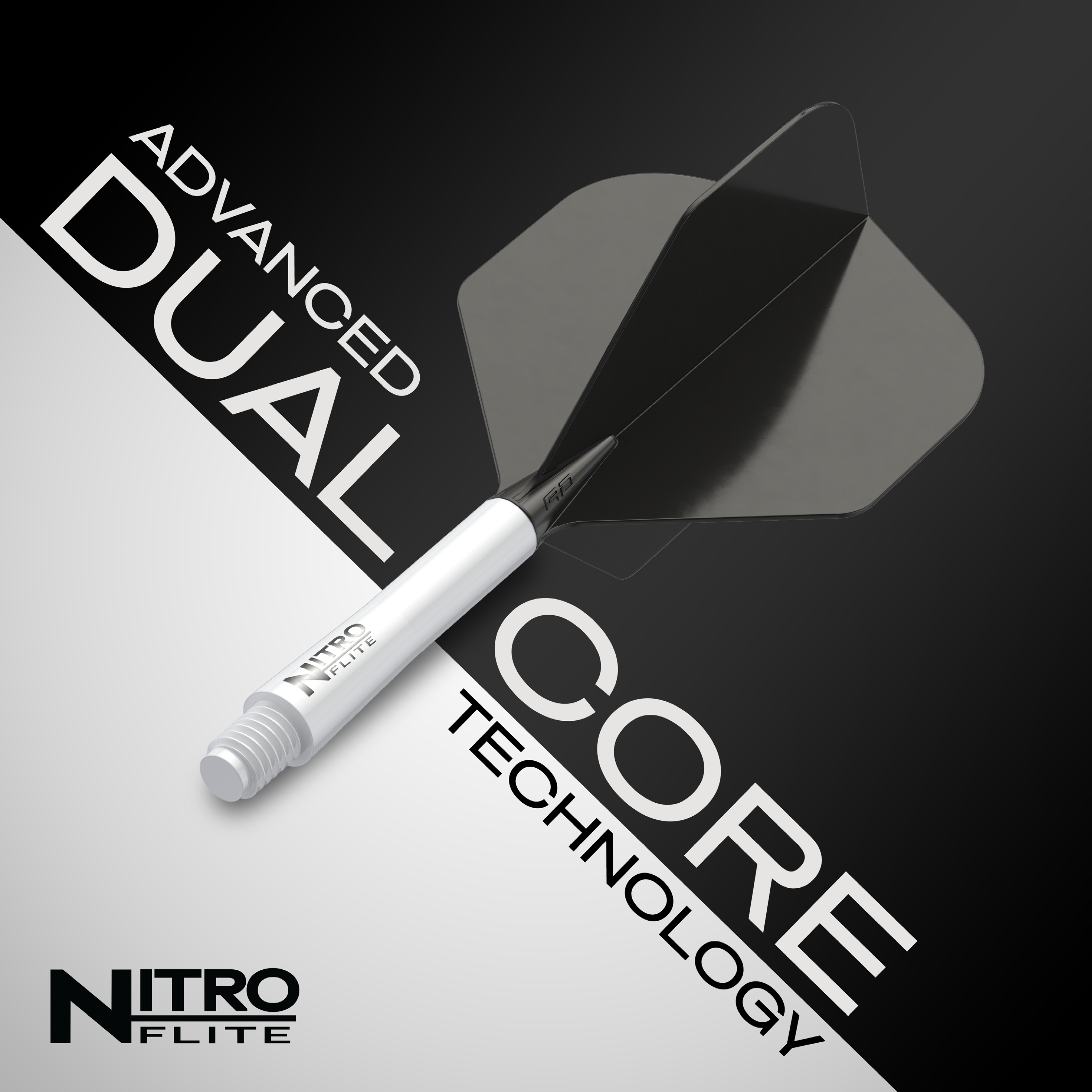 Red Dragon Nitroflite - Eje blanco, plumas negras nº 2 Das Bild zeigt das Produkt „Red Dragon Nitroflite – Weißer Schaft, schwarze No2 Flights“. Im Hintergrund steht in großen Buchstaben „Advanced Dual Core Technology“.