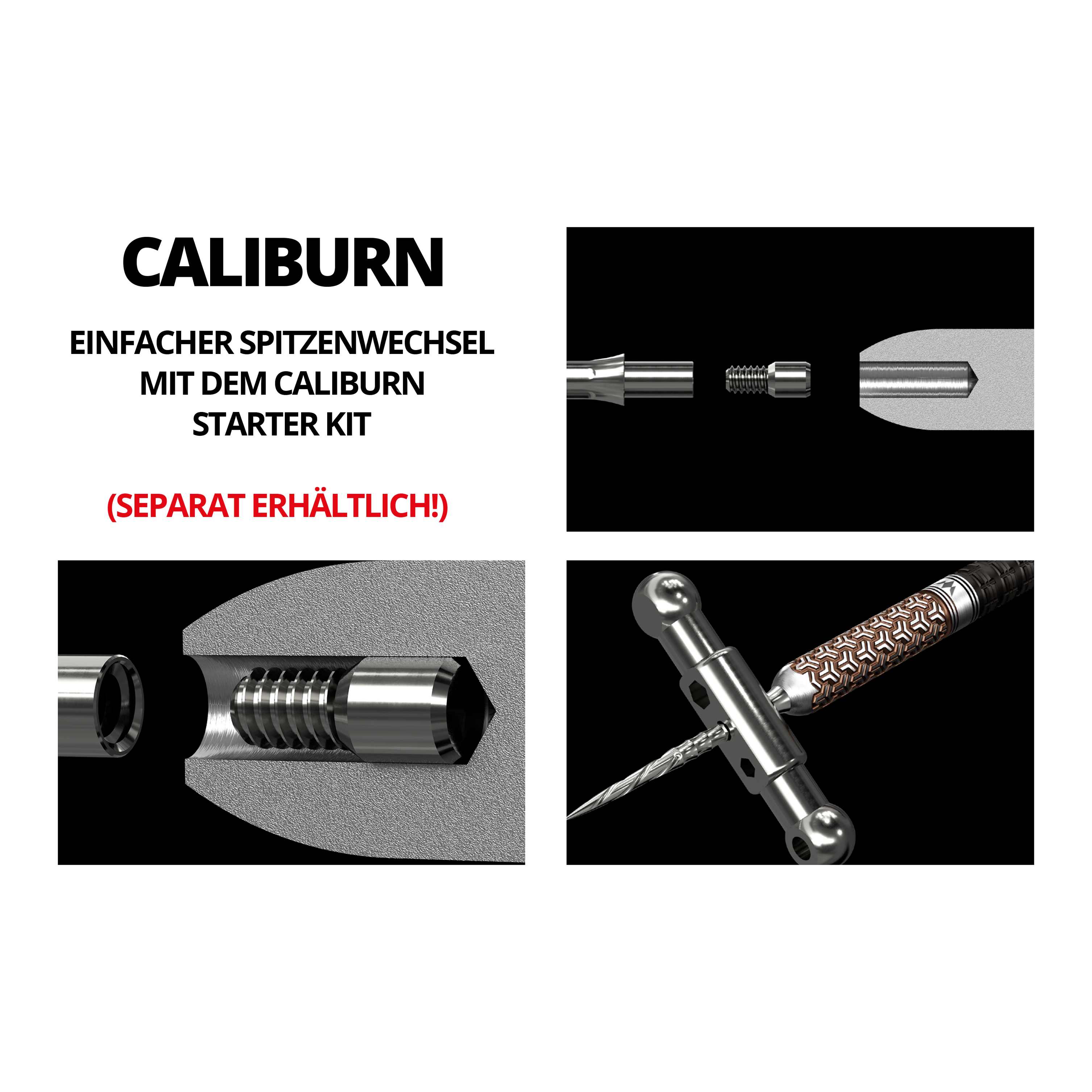 Das Bild zeigt verschiedene technische Zeichnungen und Werkzeuge für das Mission Caliburn EVO System mit Steeldartspitzen. In roter Schrift steht "SEPARAT ERHÄLTLICH!" auf dem Bild.