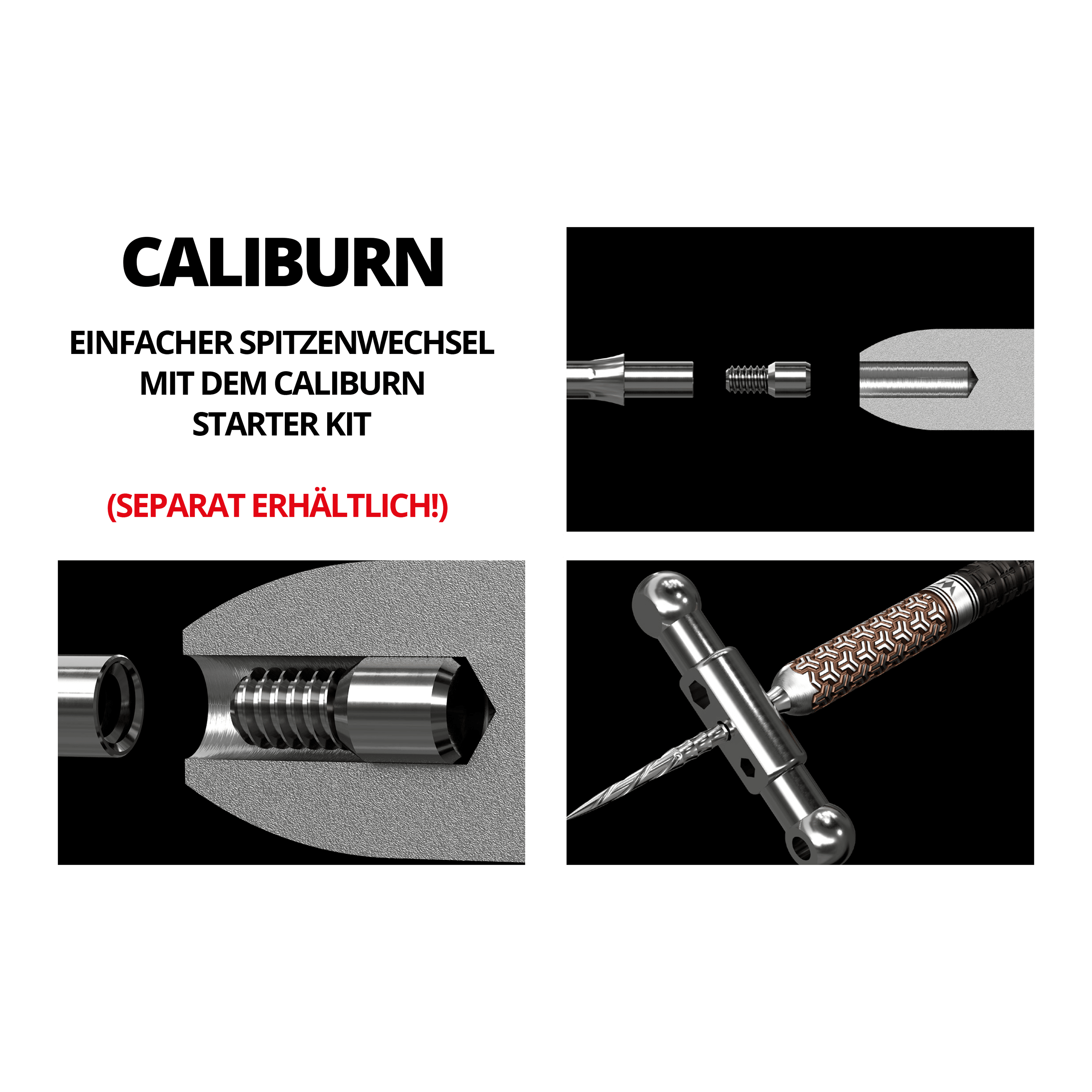 Puntas Steeldart del sistema Caliburn - Ondulada - Sin labio - Negras Das Bild zeigt verschiedene technische Zeichnungen und Werkzeuge für das Mission Caliburn EVO System mit Steeldartspitzen. In roter Schrift steht "SEPARAT ERHÄLTLICH!" auf dem Bild.