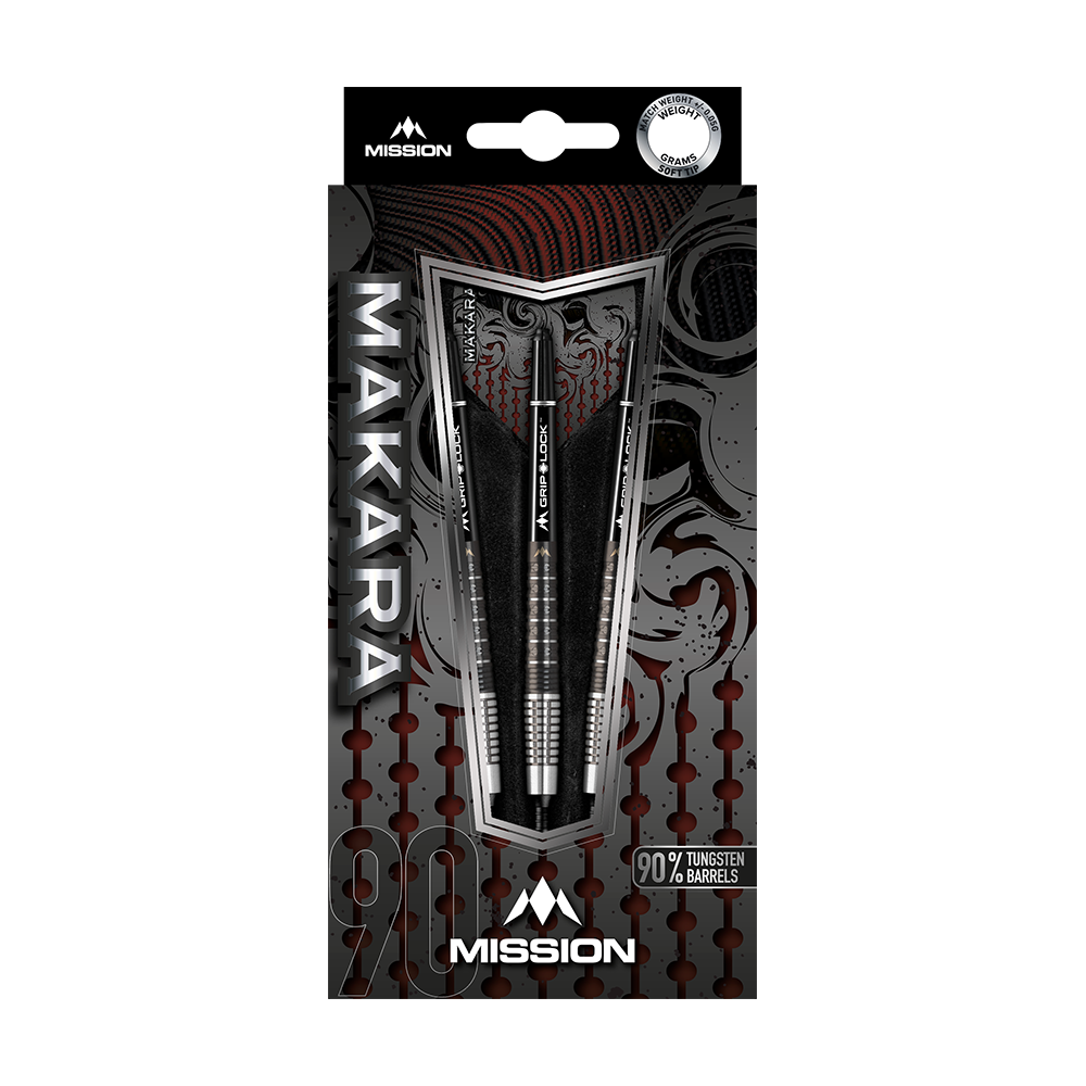Dardos blandos Mission Makara M2 - 20 g Das Bild zeigt die Verpackung der Mission Makara M2 Softdarts mit einem Gewicht von 20g. Die Darts bestehen zu 90 % aus Tungsten und sind ansprechend gestaltet.