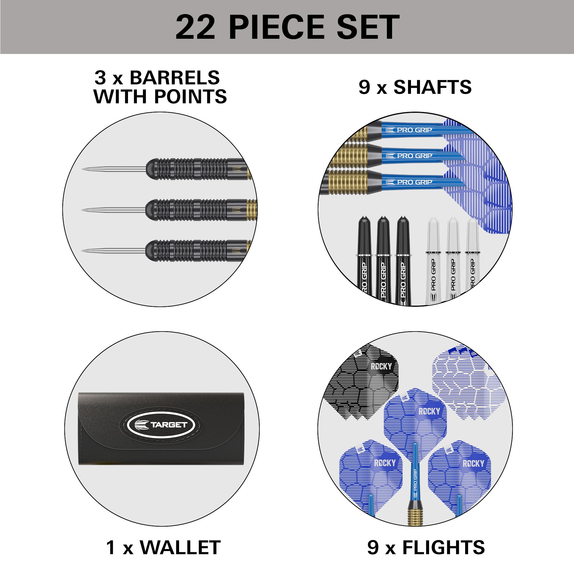 Dardos de acero y latón Target Josh Rock - 22 g Das Bild zeigt ein 22-teiliges Set von Target Josh Rock Brass Steeldarts - 22g. Es enthält 3 Barrels mit Spitzen, 9 Shafts, 9 Flights und ein Wallet.