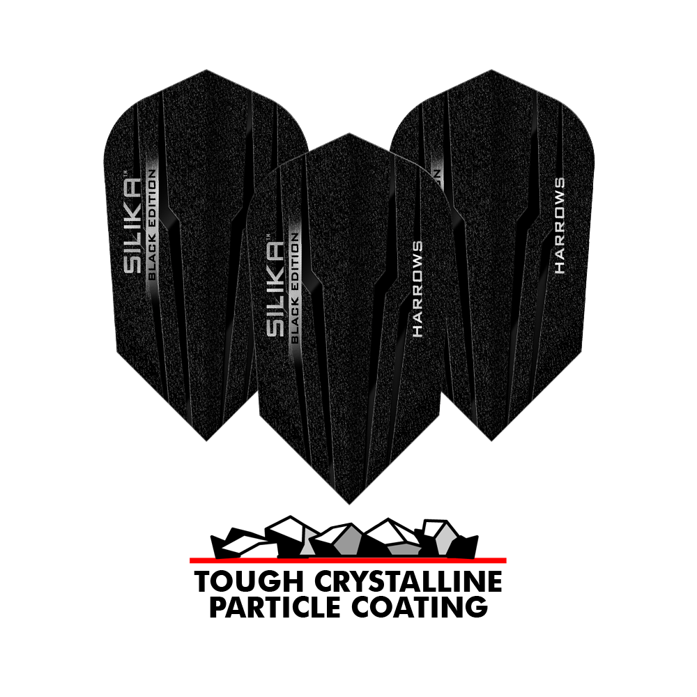 Plumas delgadas Harrows Silika Black Edition Auf dem Bild sind die Harrows Silika Black-Edition Slim Flights zu sehen. Unten steht der Text „TOUGH CRYSTALLINE PARTICLE COATING“ mit einer Grafik von Kristallen darüber.