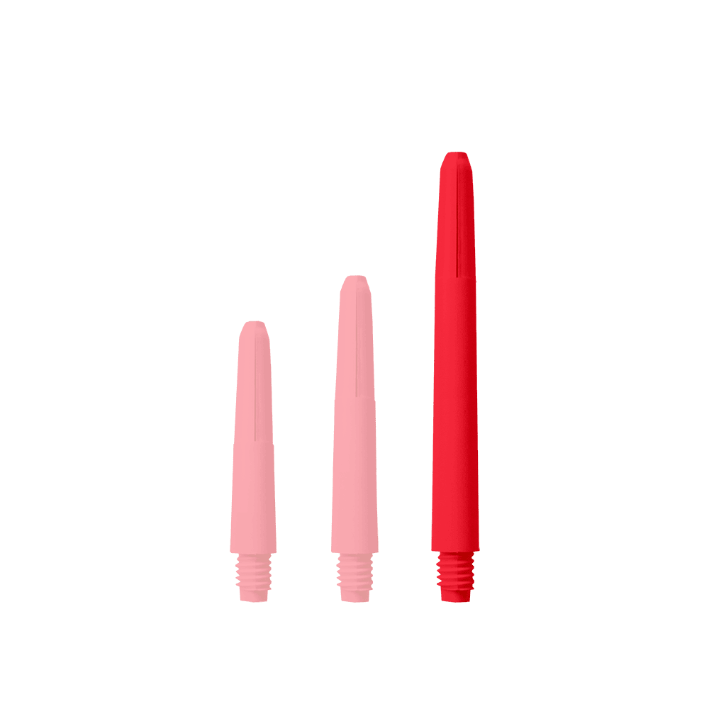 Das Bild zeigt drei rote Nylon Shafts in verschiedenen Längen. Sie sind senkrecht und nebeneinander angeordnet.