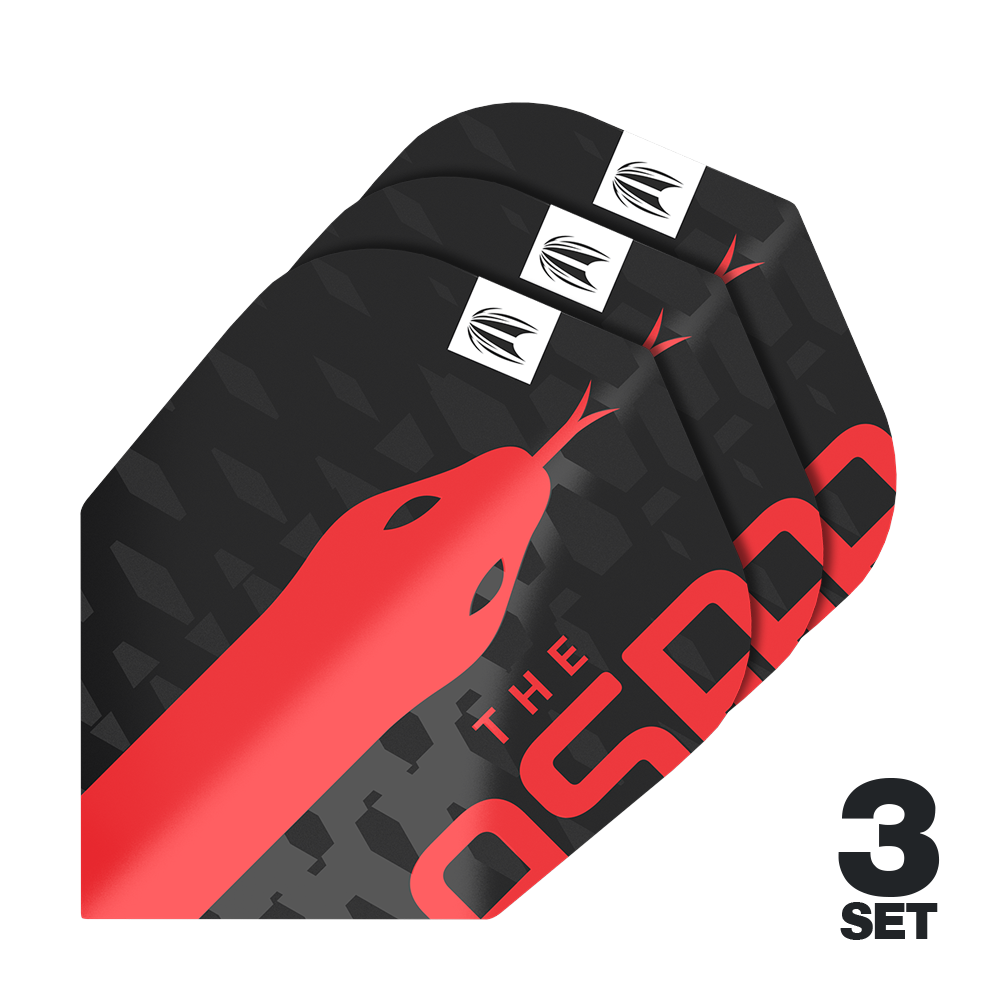 Plumas Target Pro Ultra Nathan Aspinall No6 - 3 juegos Das Bild zeigt drei Sätze der Target Pro Ultra Nathan Aspinall No6 Flights für Darts. Das Design ist schwarz mit einem auffälligen roten Schlangenmuster und dem Text „THE ASP“.