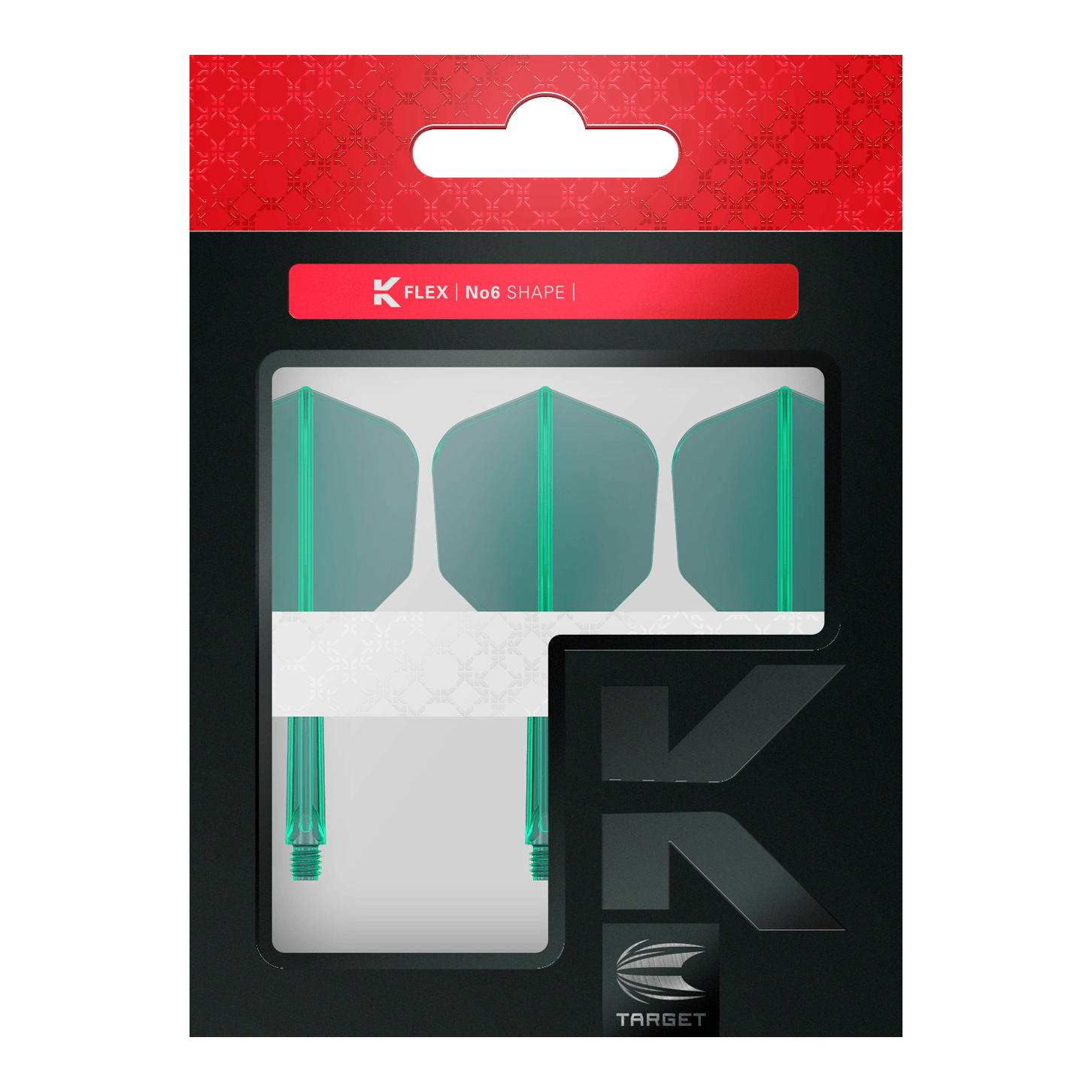 Sistema de vuelo Target K-Flex No6 - Verde Das Bild zeigt eine Verpackung mit drei grünen Dartflügen und Schäften der Marke Target. Die Packung trägt die Aufschrift "K FLEX | No6 SHAPE".