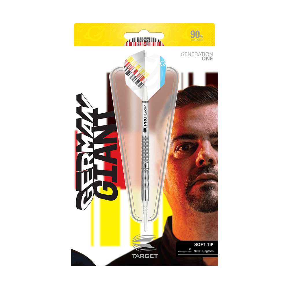 210048_Target_Gabriel_Clemens_2020_Softdarts_3 Die Verpackung zeigt die "Target Gabriel Clemens Generation One Softdarts". Im Vordergrund ist ein Dartpfeil zu sehen, im Hintergrund das Porträt eines Mannes mit dem Text "German Giant".