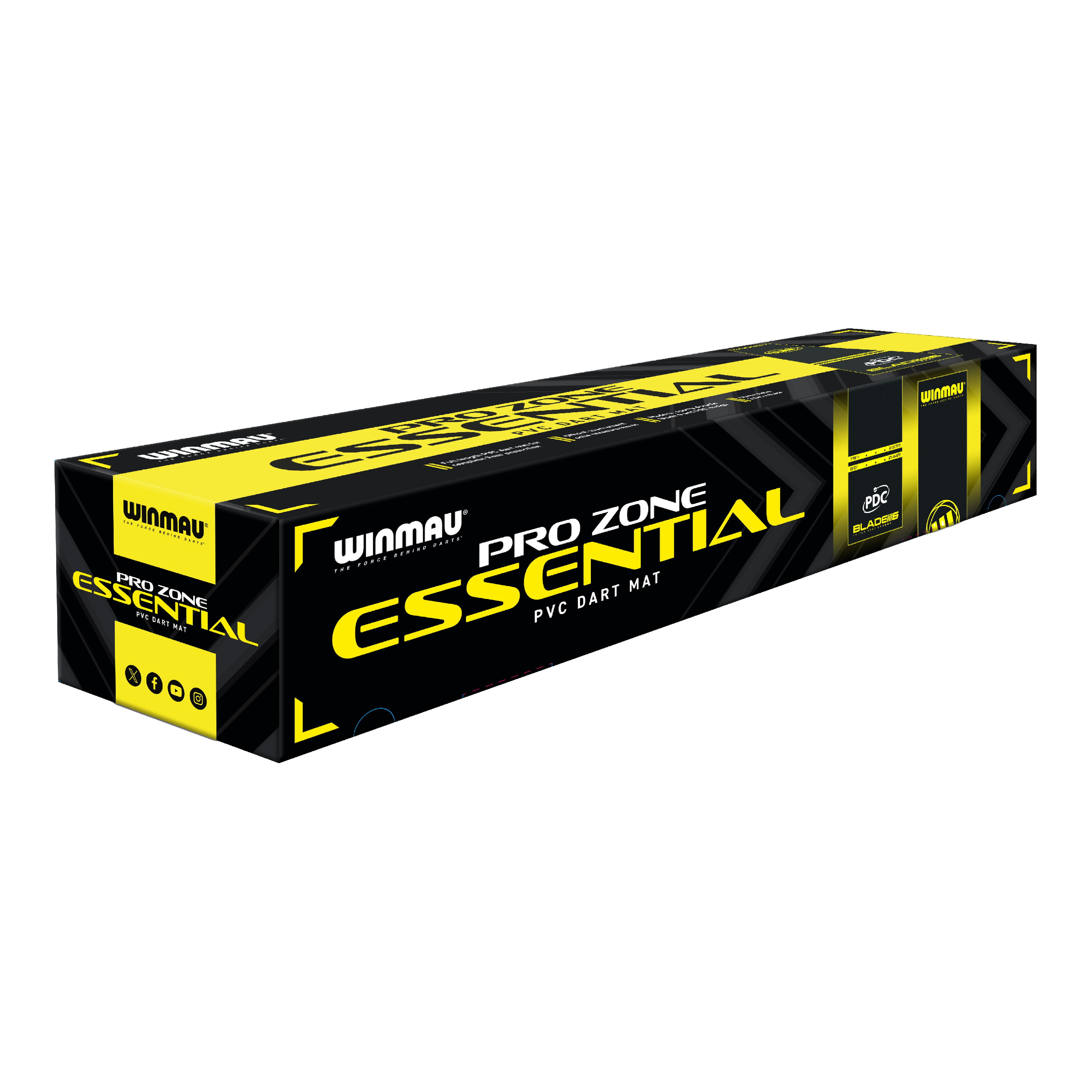 Tapete de dardos Winmau Pro-Zone Essential de PVC Die Abbildung zeigt die Verpackung der 'Winmau Pro-Zone Essential PVC Dartmatte'. Die Box ist in den Farben Schwarz und Gelb gestaltet und trägt deutlich das Produktlogo.