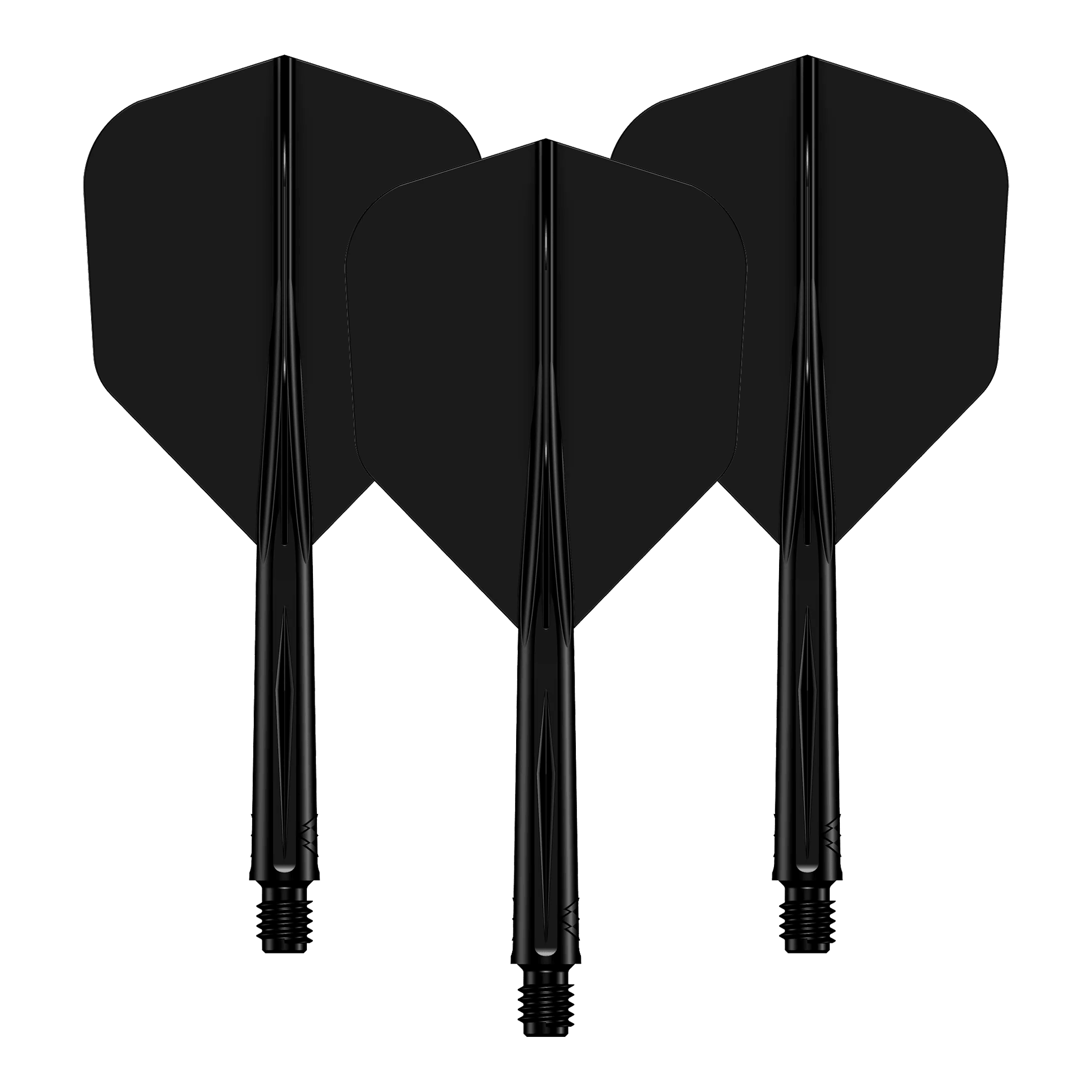 Das Bild zeigt drei schwarze Dart-Flights mit daran befestigten Schäften. Sie sind nebeneinander angeordnet und haben ein schlichtes, einfarbiges Design.