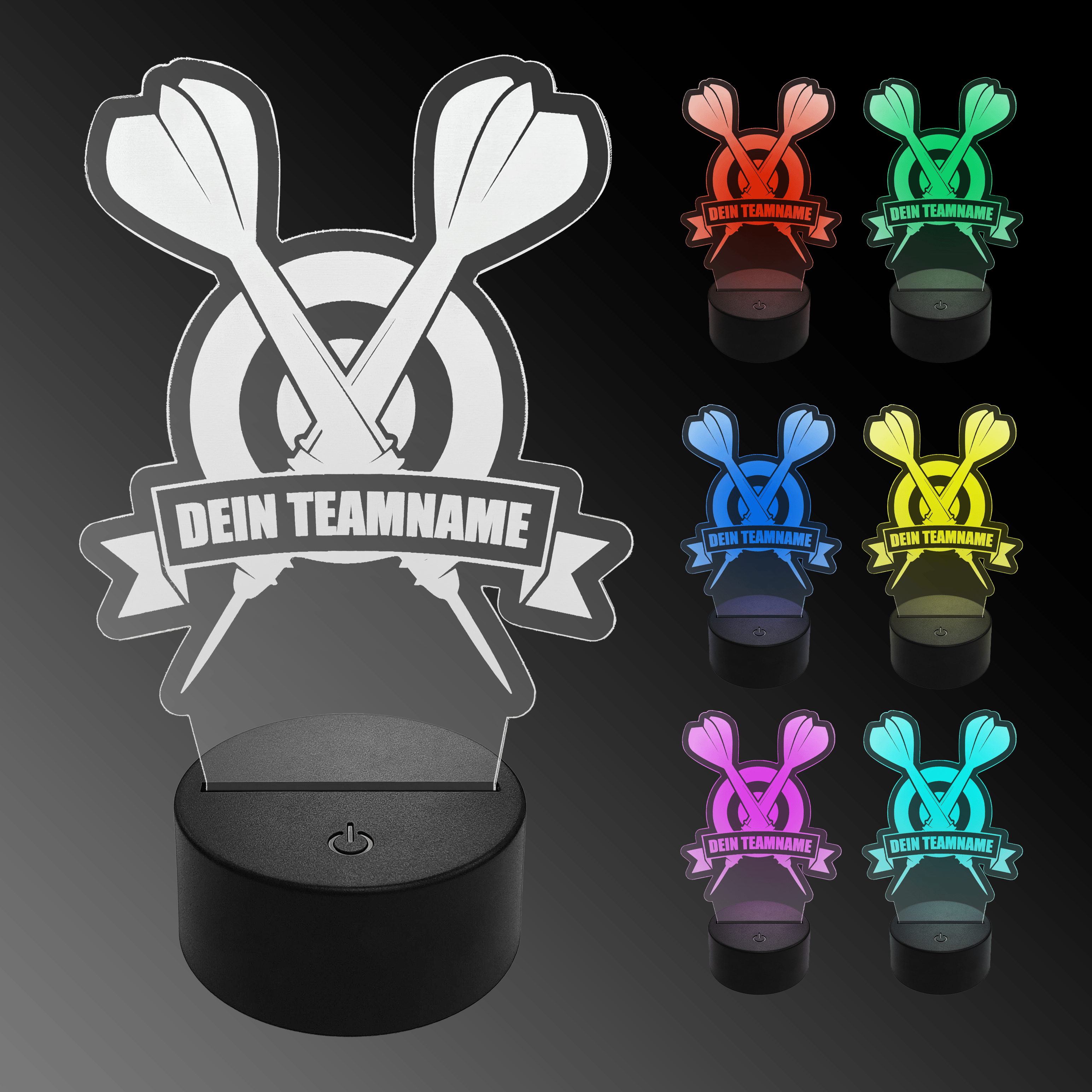 Lámpara de dardo LED de plexiglás con texto personalizado Das Bild zeigt eine LED-Lampe in Form von zwei gekreuzten Dartpfeilen mit der Aufschrift "Dein Teamname". Rechts daneben sind die Lampe in sechs verschiedenen Farben (Rot, Grün, Blau, Gelb, Pink und Türkis) abgebildet.