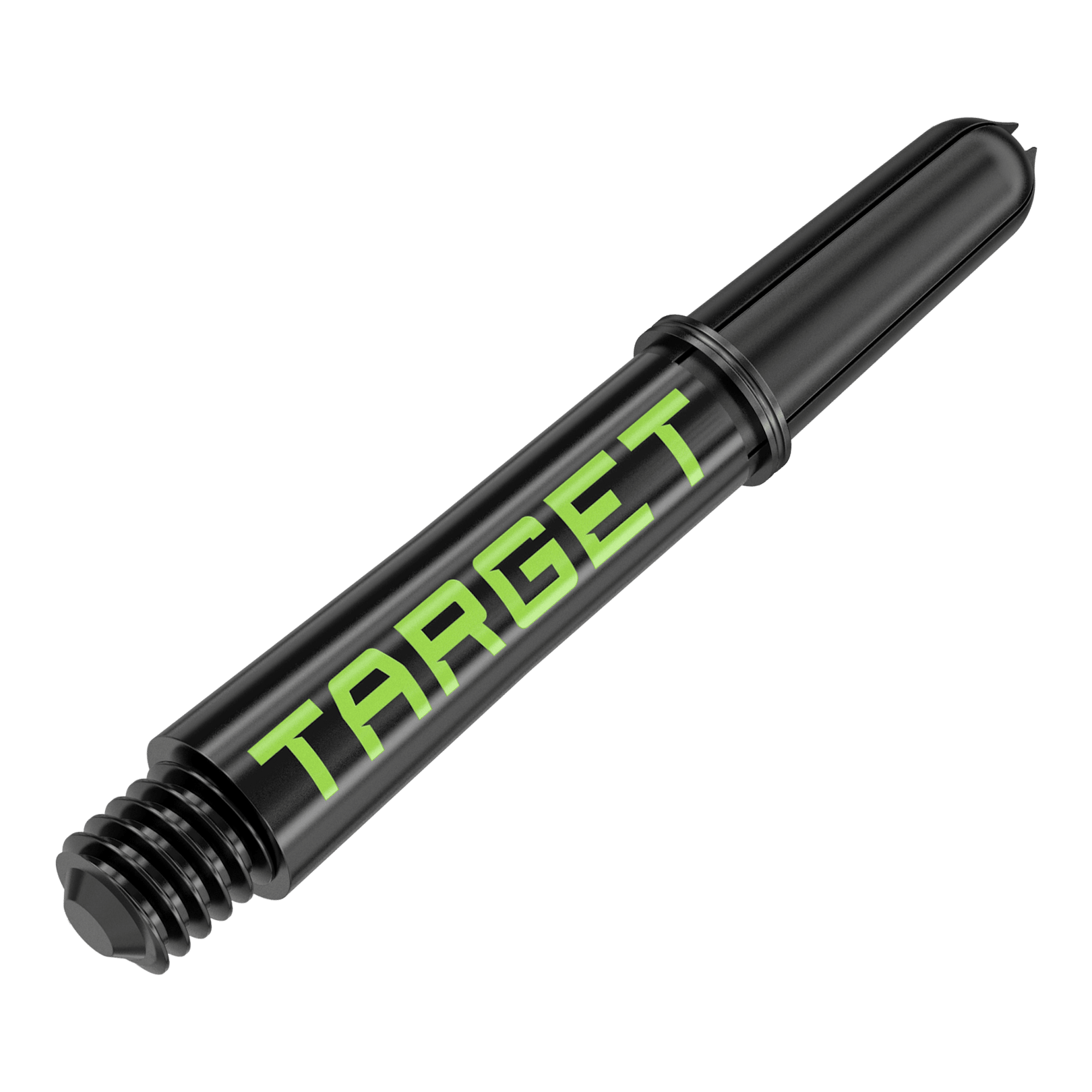 Varillas Target Pro Grip TAG - 3 juegos - Negro Verde Dies ist ein schwarzer Dartschaft mit grünem "TARGET"-Schriftzug. Er hat ein Schraubgewinde an einem Ende und ist 34 mm lang.