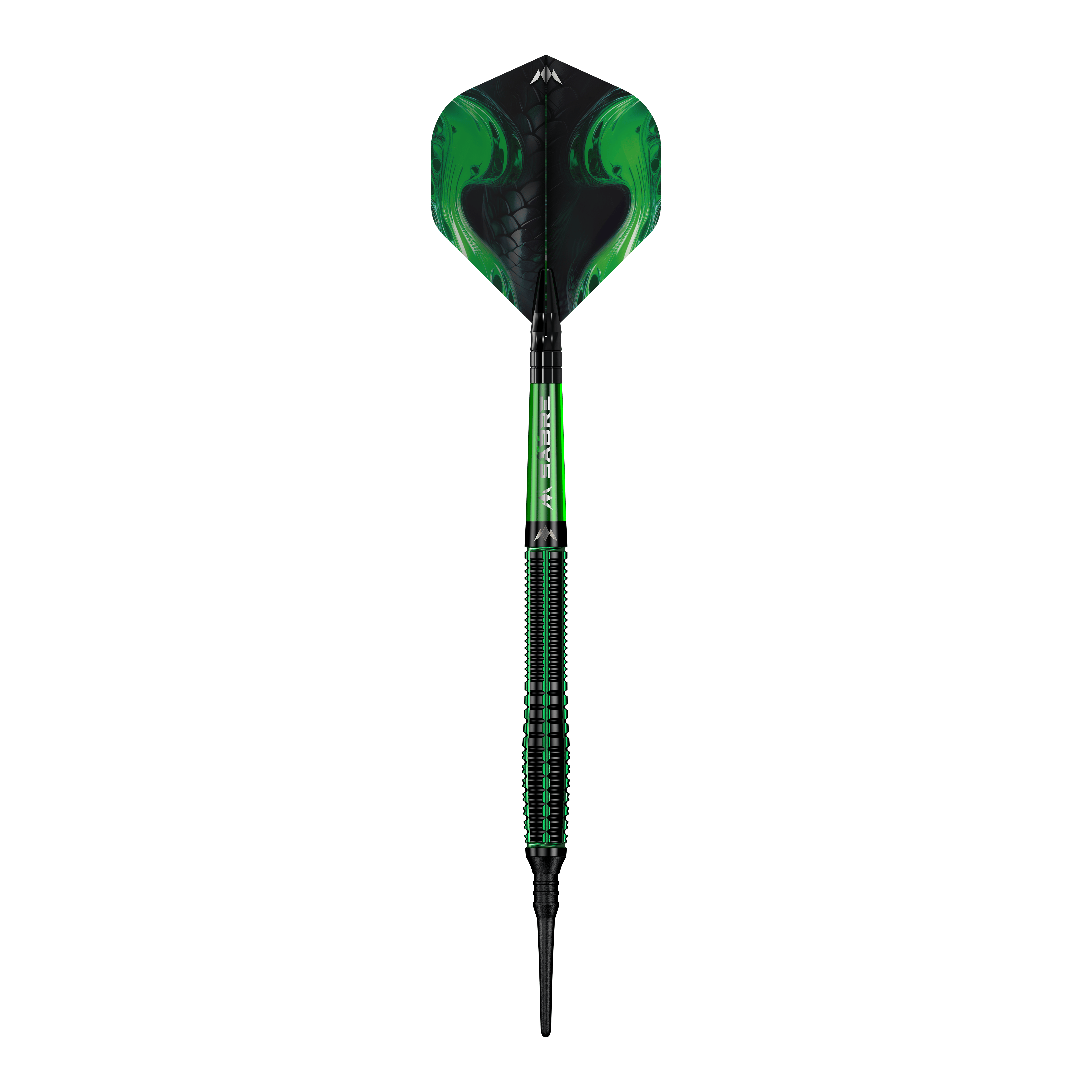 Dardos blandos Mission Venom - 20 g Das Bild zeigt einen Softdart namens "Mission Venom Softdarts - 20g". Der Dart ist überwiegend schwarz und grün gestaltet und hat ein auffälliges, modernes Design.