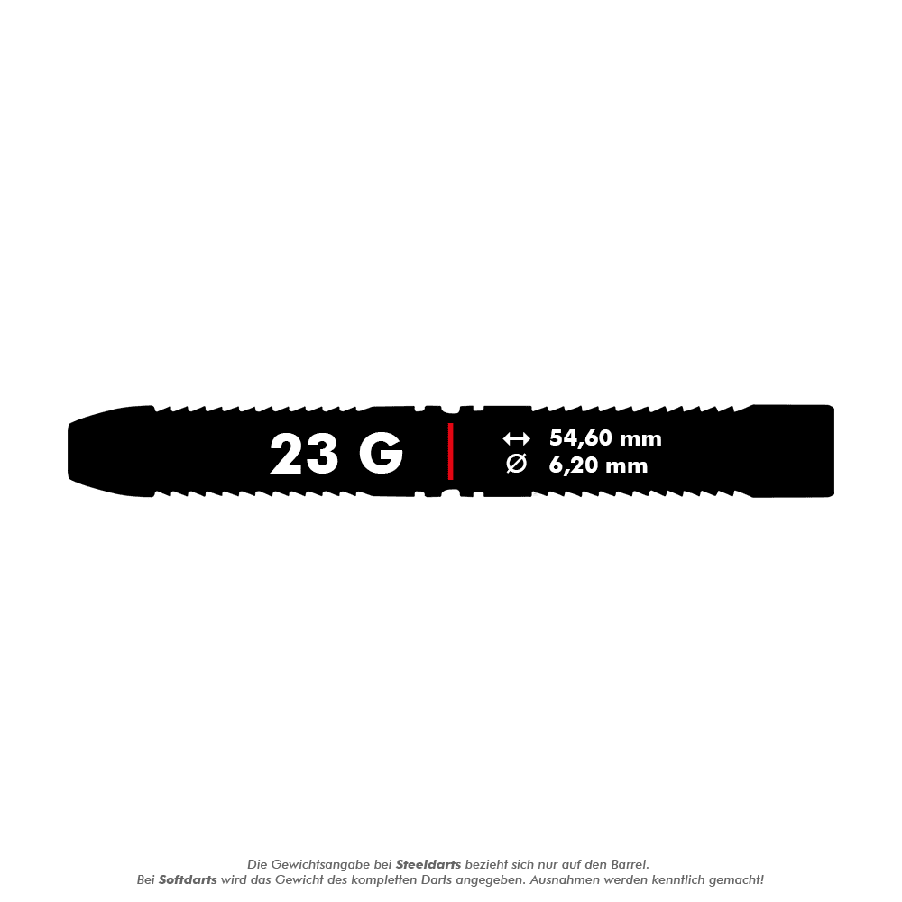 RD2173_Red_Dragon_Peter-Wright_Snakebite_World_Champion_2020_Edition_Steeldarts_5_23g_Solo Das Bild zeigt einen Steeldart mit der Aufschrift "23 G". Die Länge beträgt 54,60 mm und der Durchmesser 6,20 mm.