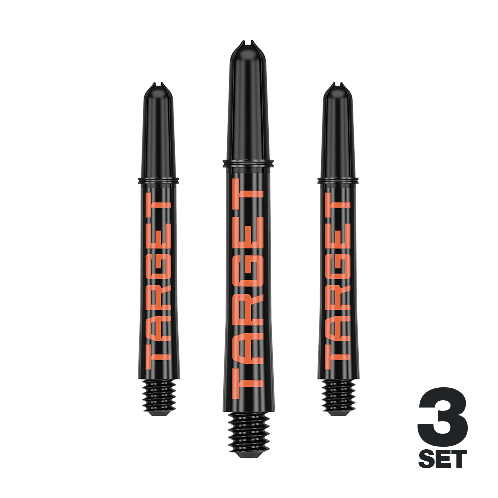 Varillas Target Pro Grip TAG - 3 juegos - Negro Naranja Das Bild zeigt drei schwarze Dartschäfte mit orangener Schrift „TARGET“. In der rechten unteren Ecke steht „3 SET“.