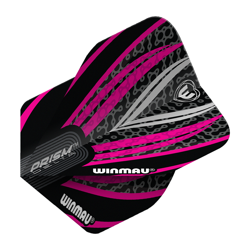 Plumas estándar Winmau Prism Delta n.° 2, color negro, blanco y rosa Das Bild zeigt ein Winmau Prism Delta No2 Standard Dartflight in den Farben Schwarz, Weiß und Pink. Das Flight hat ein auffälliges, modernes Design mit grafischen Mustern und dem Winmau-Logo.