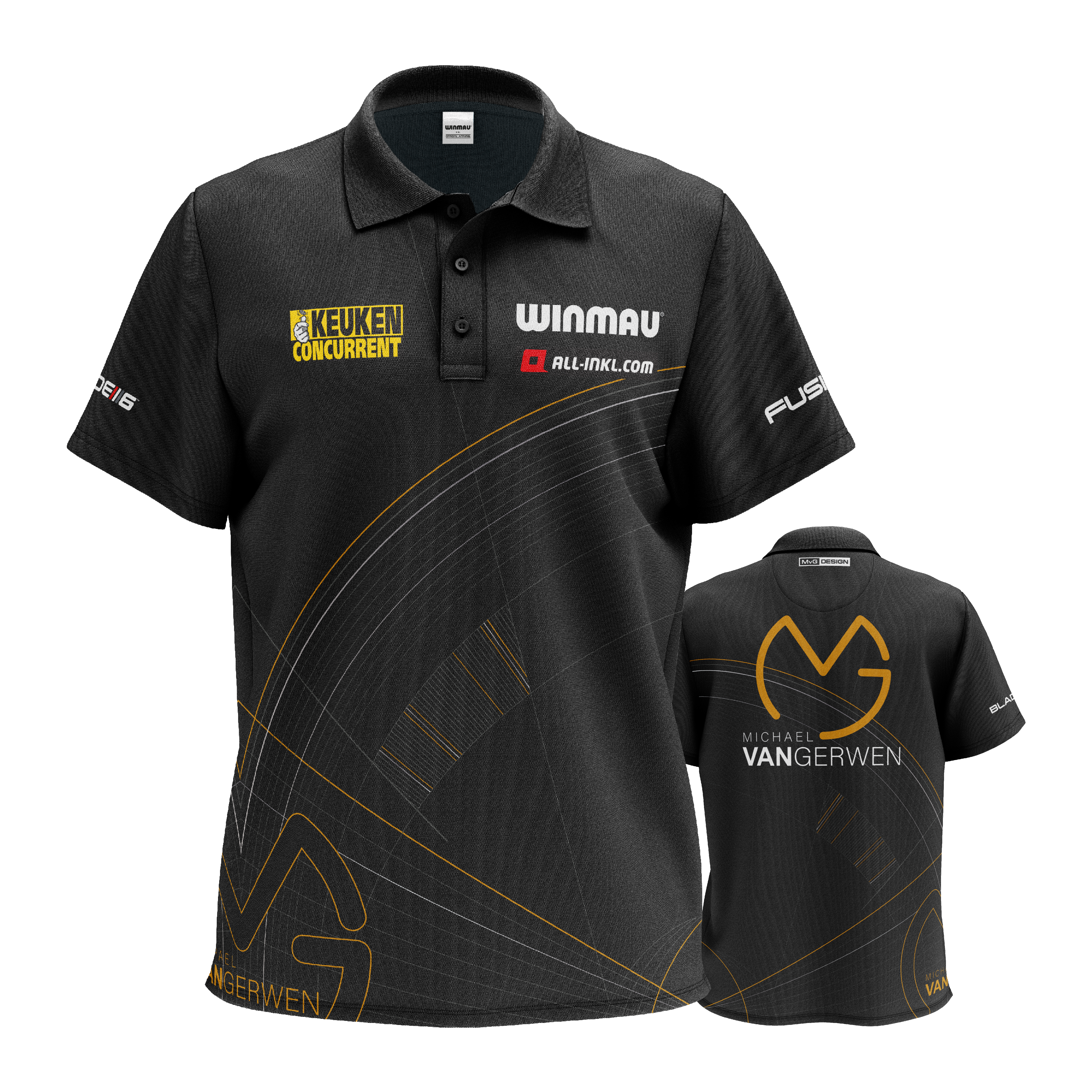 Polo Winmau Edición Limitada Tour Polo Dart Das Bild zeigt ein schwarzes Dartshirt mit verschiedenen Sponsorenlogos und dezenten goldenen Linien. Auf der Rückseite steht groß der Name "Michael van Gerwen" zusammen mit einem Logo.