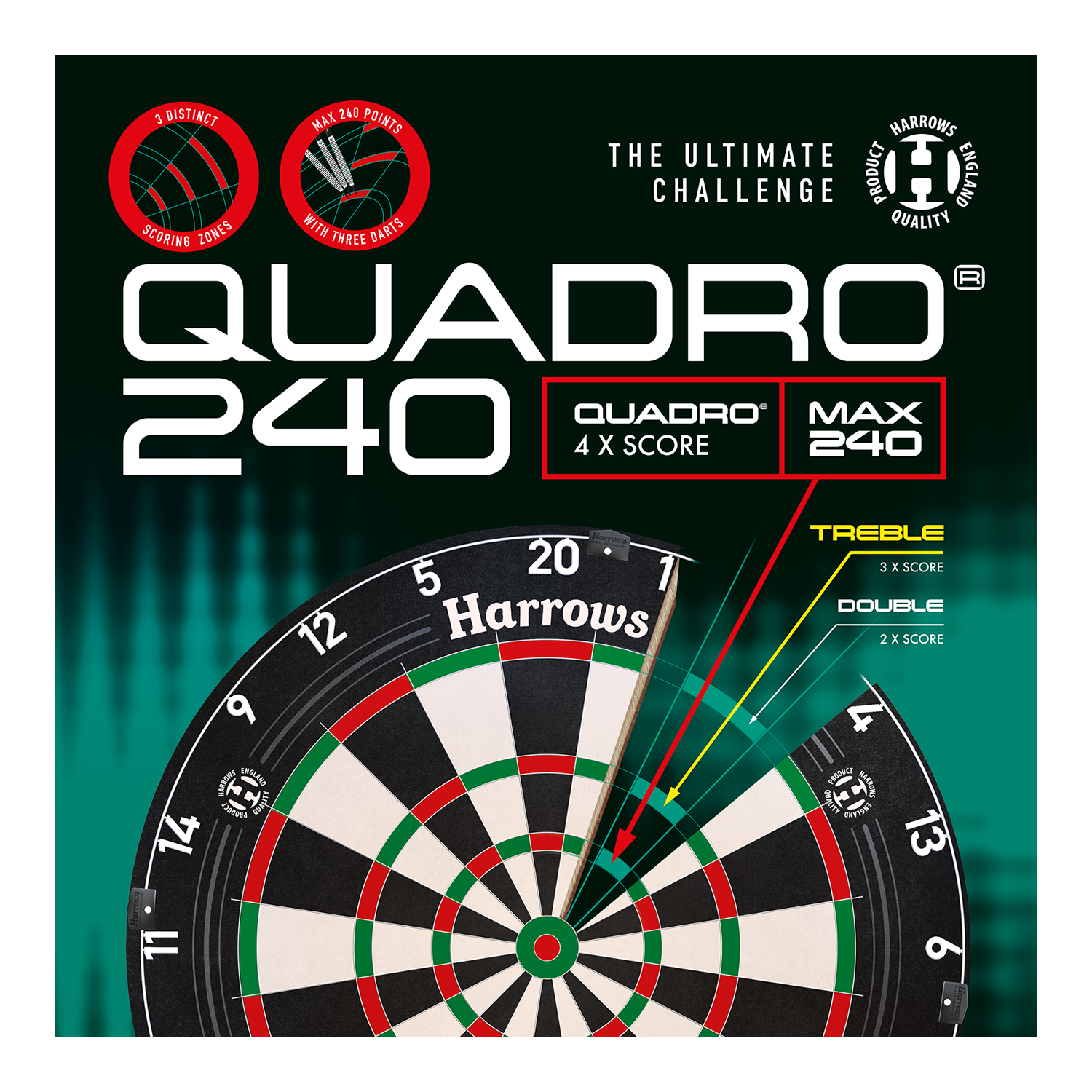 Diana de acero Harrows Quadro 240 Das Bild zeigt das Produkt "Harrows Quadro 240 Steeldartboard" mit einer Nahaufnahme des Dartboards. Auf der Verpackung werden besondere Merkmale wie vierfache Wertungszonen und ein maximales Punktelimit von 240 hervorgehoben.