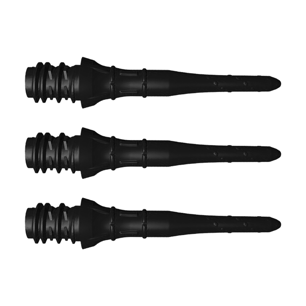 LIP39_L-Style_Premium_Lippoints_Short_Schwarz_1 Auf dem Bild sind drei schwarze L-Style Premium Lippoints Short zu sehen. Diese kurzen Spitzen werden im 30er Pack für Softdarts angeboten.