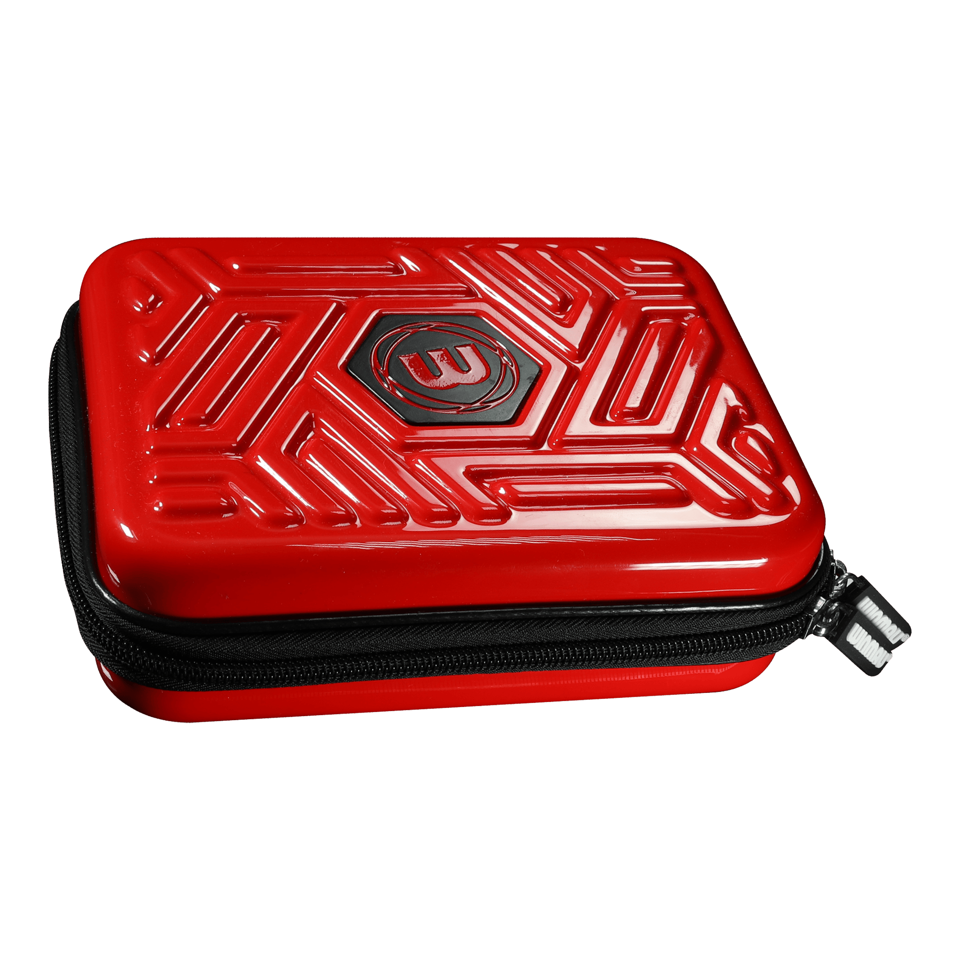 Cartera para dardos Winmau Armor G2 Das Bild zeigt ein rotes Dart-Etui mit einem schwarzen Reißverschluss. Auf dem Deckel ist ein geprägtes Muster und das Winmau-Logo zu sehen.