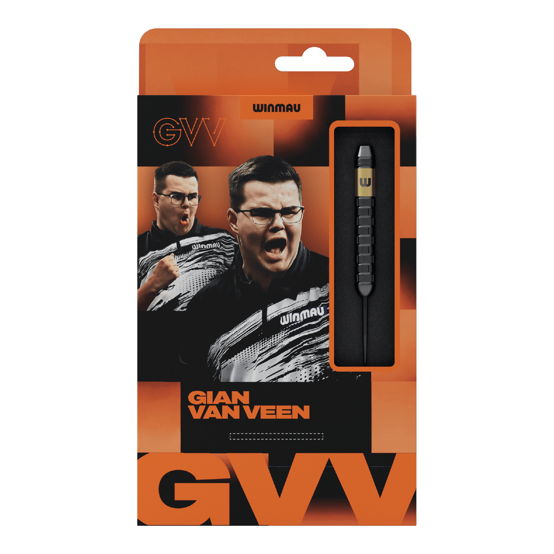 Hier wird das Produkt Winmau Gian Van Veen Core Brass Steeldarts mit 21 Gramm gezeigt. Die Steeldarts liegen geordnet nebeneinander.