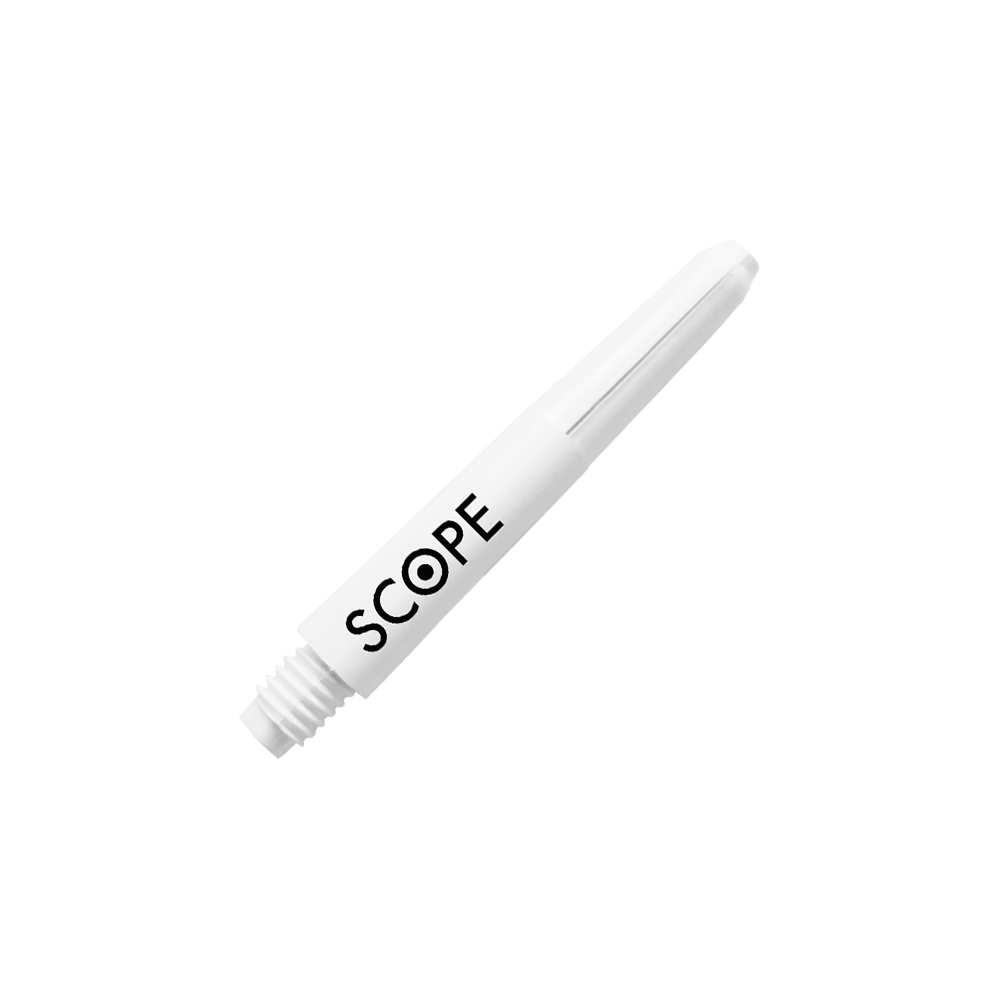 525_McDart_Scope_Nylon_Shafts_Weiss_34mm_2 Das Bild zeigt einen weißen McDart Scope Nylon Schaft für Darts. Auf dem Schaft steht in schwarzer Schrift das Wort "SCOPE".