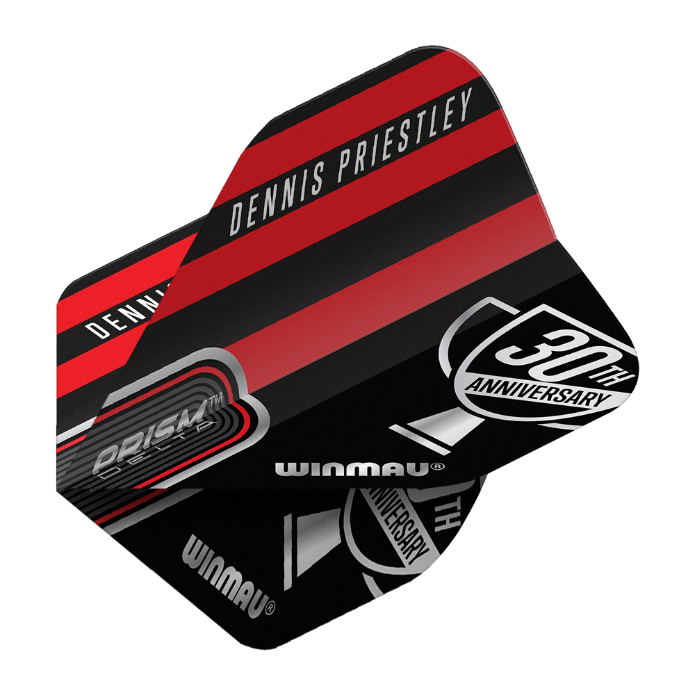Das Bild zeigt ein Winmau Prism Delta Dart-Flight mit dem Namen "Dennis Priestley". Das Design ist in Schwarz und Rot gehalten und enthält den Schriftzug "30th Anniversary".