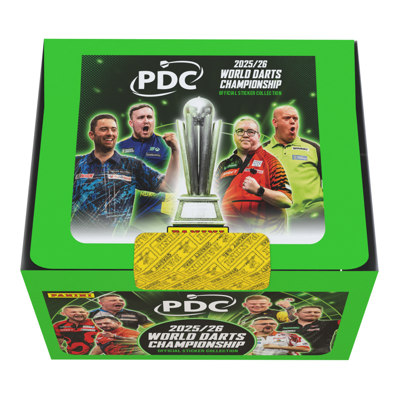 Panini PDC Campeonato Mundial de Dardos 2025/26 - Caja de cromos con 65 paquetes Die Panini PDC World Darts Championship 2025/26 Stickerbox mit 65 Tüten ist zu sehen. Das Bild gibt einen Überblick über die Verpackung und den Inhalt der Box.