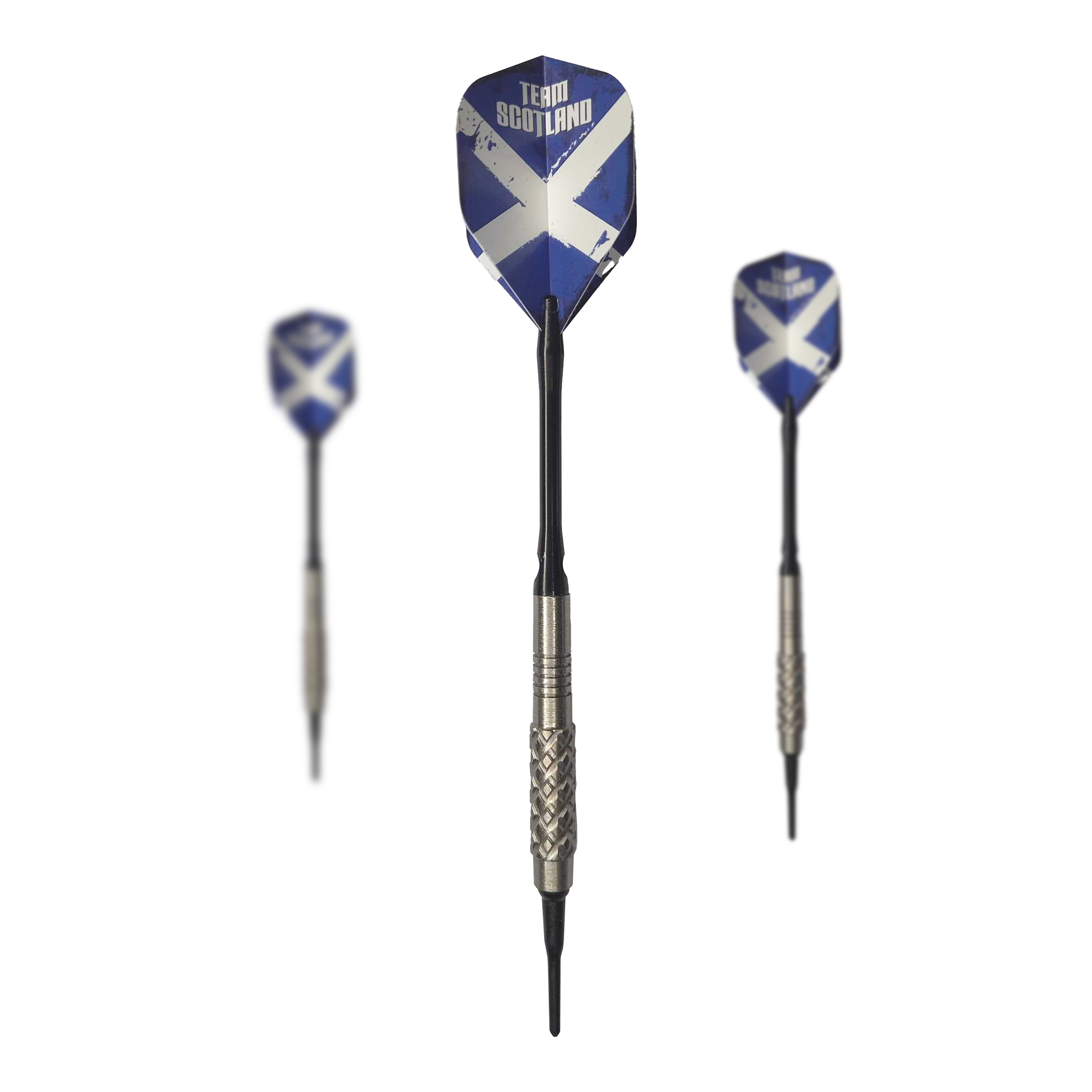 Dardos blandos McDart 85 Tungsten V4 - 16 g Das Bild zeigt drei Softdarts des Produkts "McDart 85er Tungsten V4" mit einem Gewicht von 16g. Die Flights sind blau mit einem weißen Kreuz und der Aufschrift "Team Scotland" gestaltet.