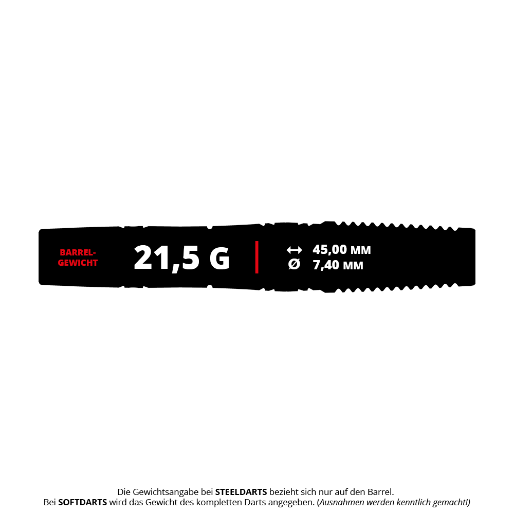 Dardos blandos Target Japan Haruki Muramatsu Rising Sun GEN9 2BA - 21,5 g Das Bild zeigt die Produktdaten der Target Japan Haruki Muramatsu Rising Sun GEN9 2BA Softdarts mit einem Barrelgewicht von 21,5 Gramm. Die Länge beträgt 45,00 mm und der Durchmesser 7,40 mm.