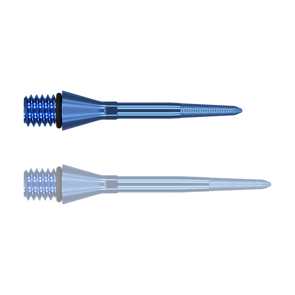 380164_Target_Titanium_Swiss_Point_Nano_Conversion_Points_Blau_26mm_1rGEcNdNlUMbz7 Das Bild zeigt zwei blaue, spitze Metallteile mit Gewinde an einem Ende. Sie liegen parallel zueinander auf weißem Hintergrund.