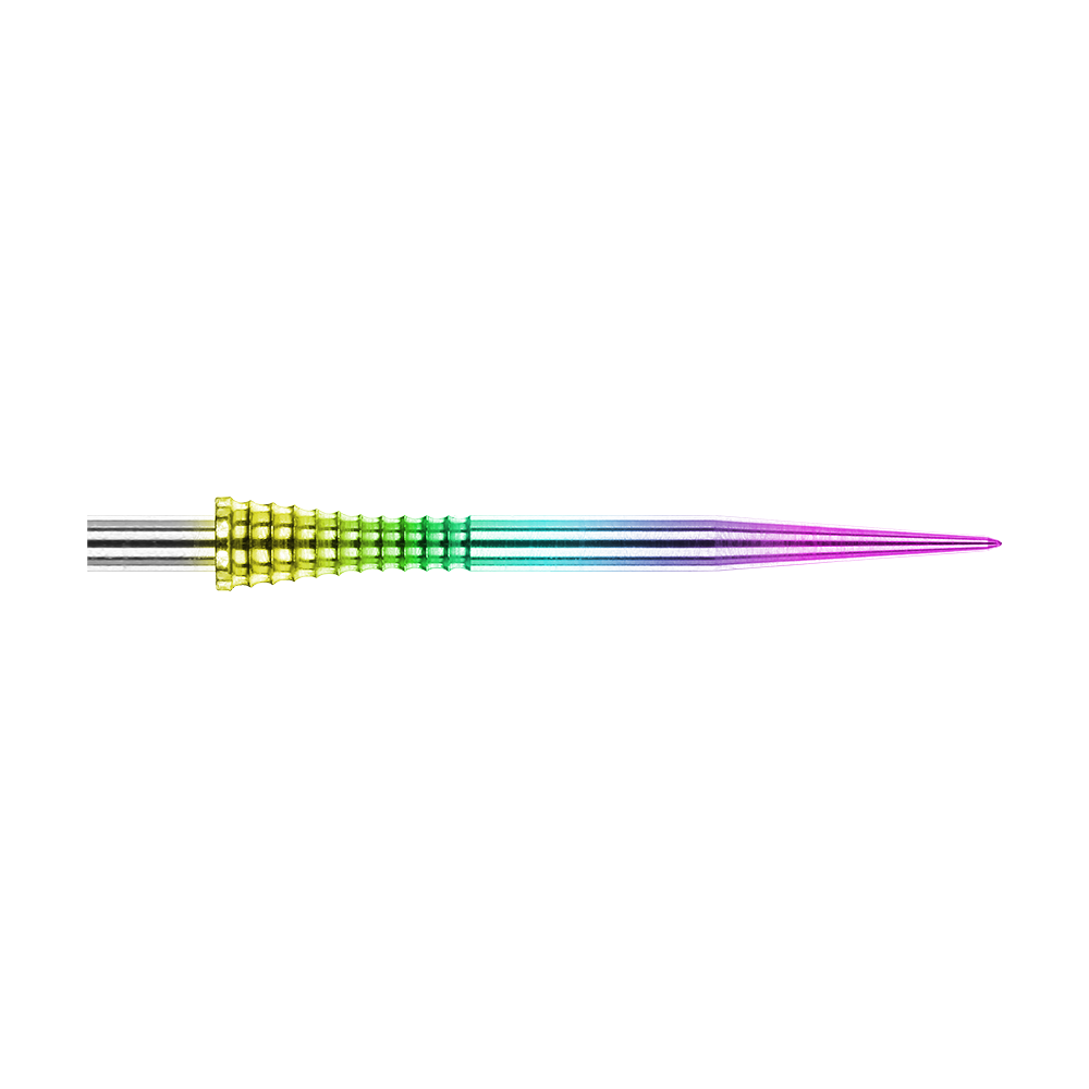 Puntas de dardos de acero arcoíris con agarre Raptor de Red Dragon de 30 mm Auf dem Bild ist eine Red Dragon Raptor Gripped Rainbow Steeldartspitze mit einer Länge von 38 mm zu sehen. Die Spitze besitzt einen farbigen Regenbogeneffekt und eine geriffelte Grifffläche.